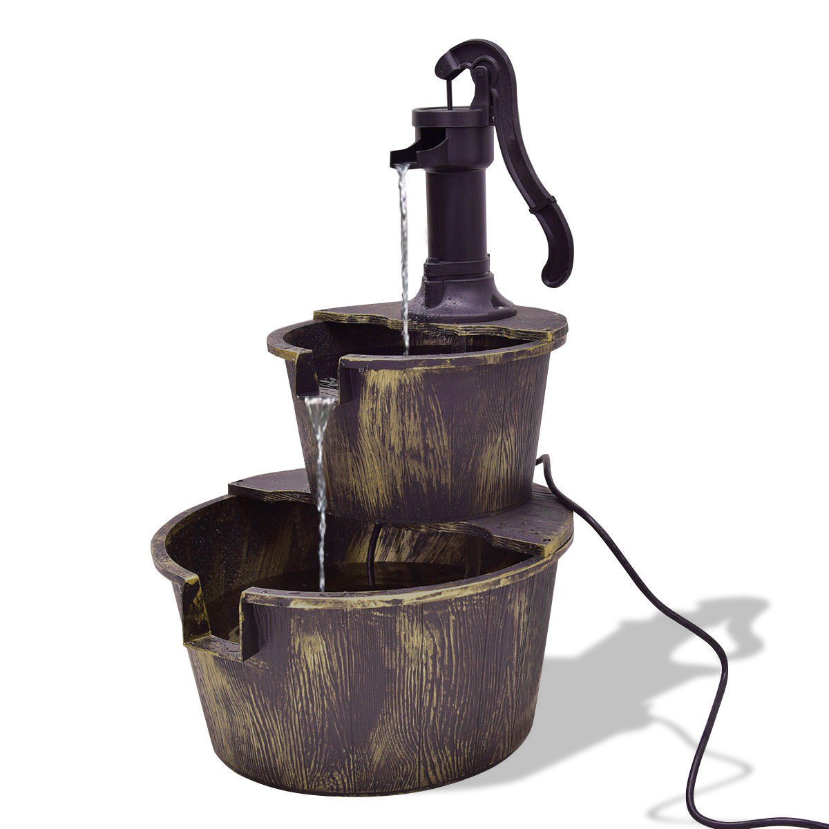 Rustic 2 Tier Barrel Water Fountain with Submersible Pump for Outdoor Decor