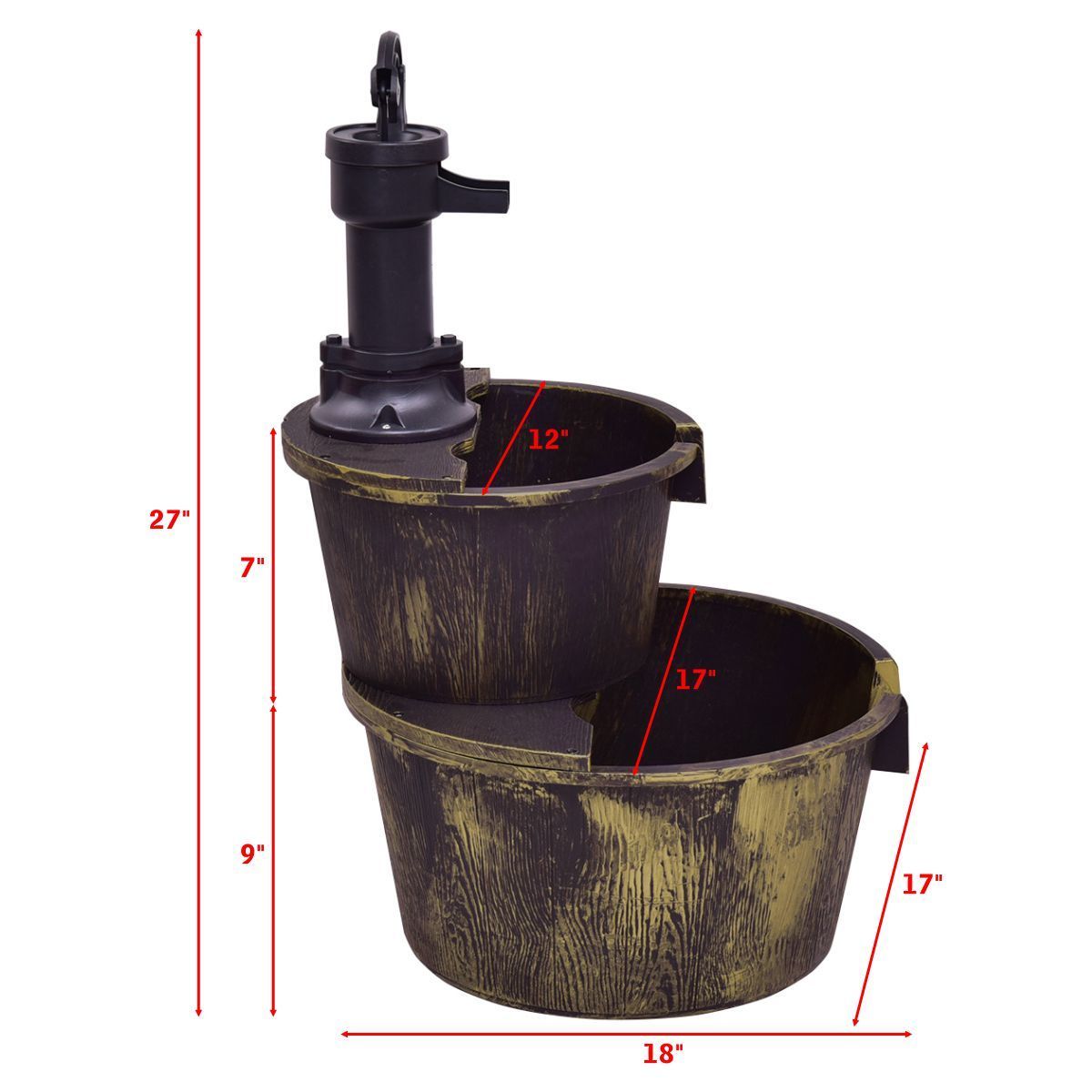 Rustic 2 Tier Barrel Water Fountain with Submersible Pump for Outdoor Decor