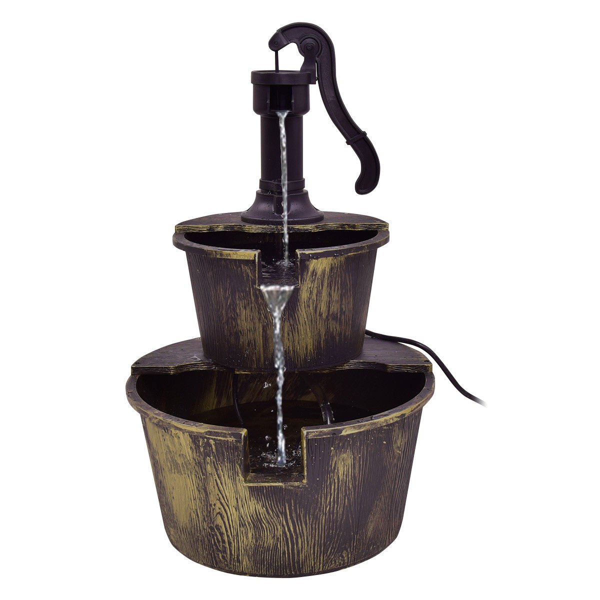 Rustic 2 Tier Barrel Water Fountain with Submersible Pump for Outdoor Decor