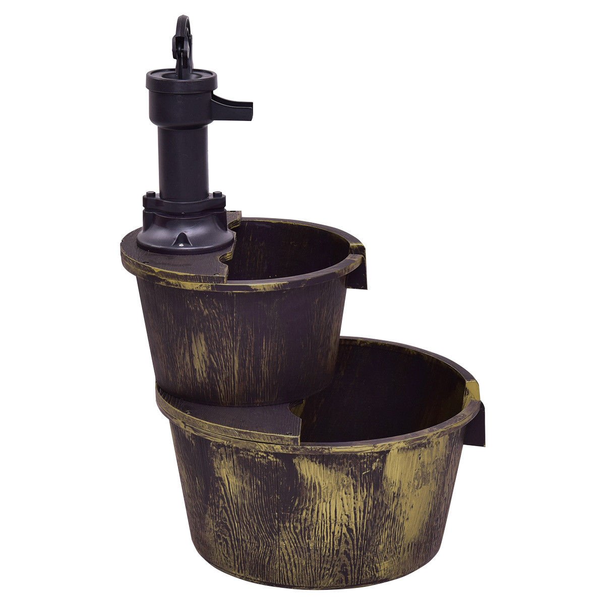 Rustic 2 Tier Barrel Water Fountain with Submersible Pump for Outdoor Decor