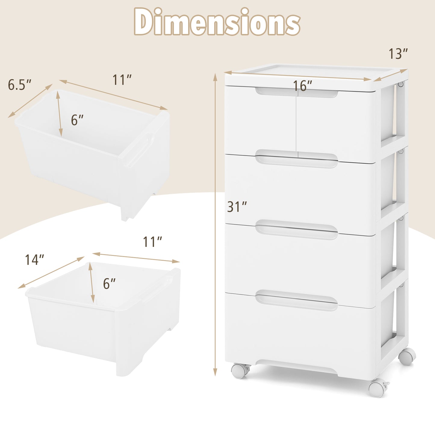 Multi-Drawer Rolling Organizer Cabinet with Lockable Wheels and Elevated Base – 5 Drawers