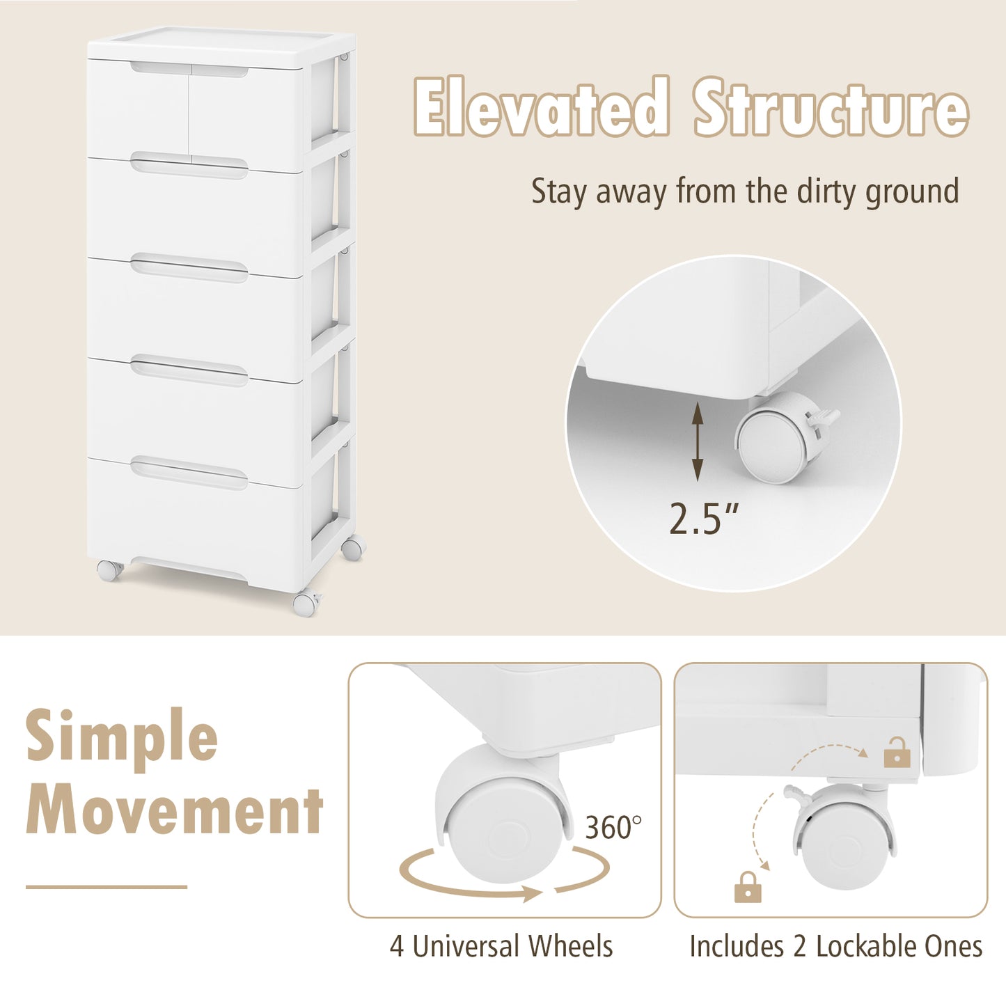 Multi-Drawer Rolling Organizer Cabinet with Lockable Wheels and Elevated Base – 6 Drawers