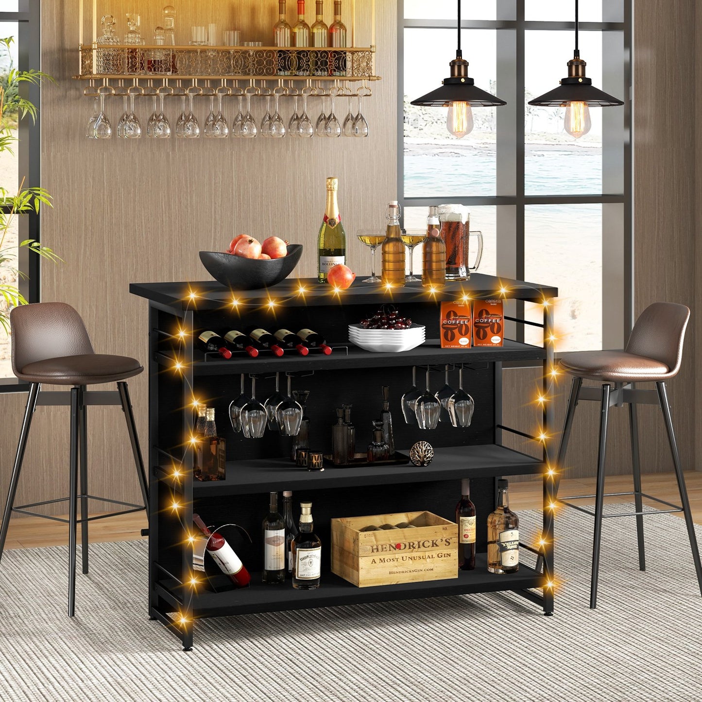 Multi-Level Kitchen Island Table with Wine Rack and Foot Bar - Black
