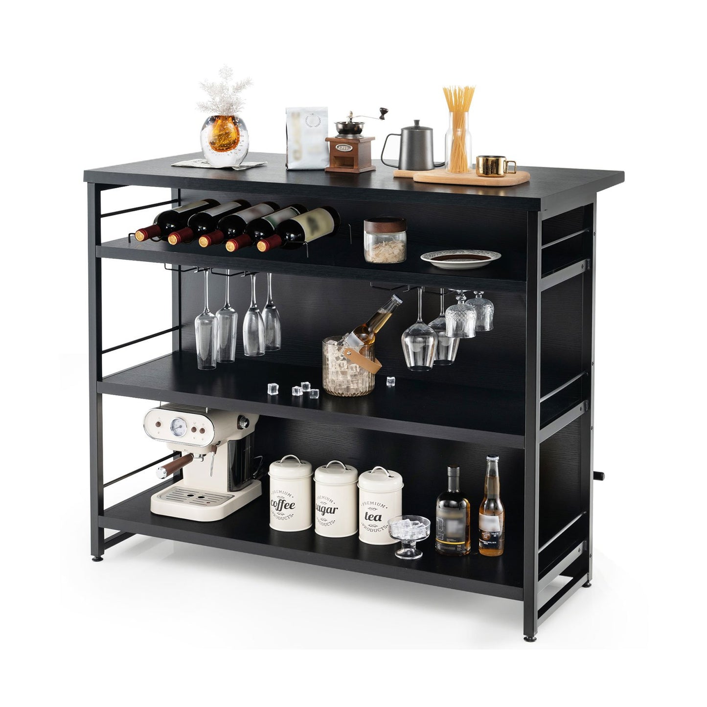 Multi-Level Kitchen Island Table with Wine Rack and Foot Bar - Black