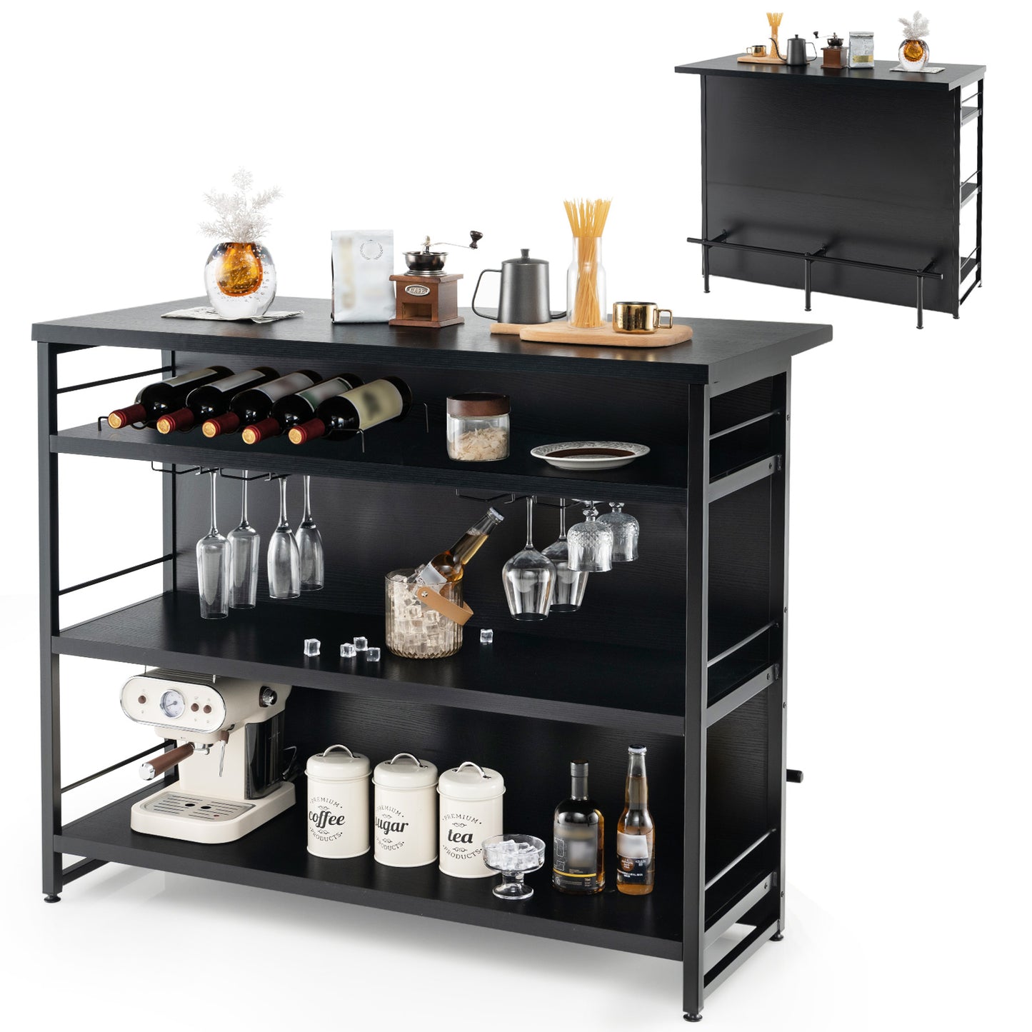 Multi-Level Kitchen Island Table with Wine Rack and Foot Bar - Black