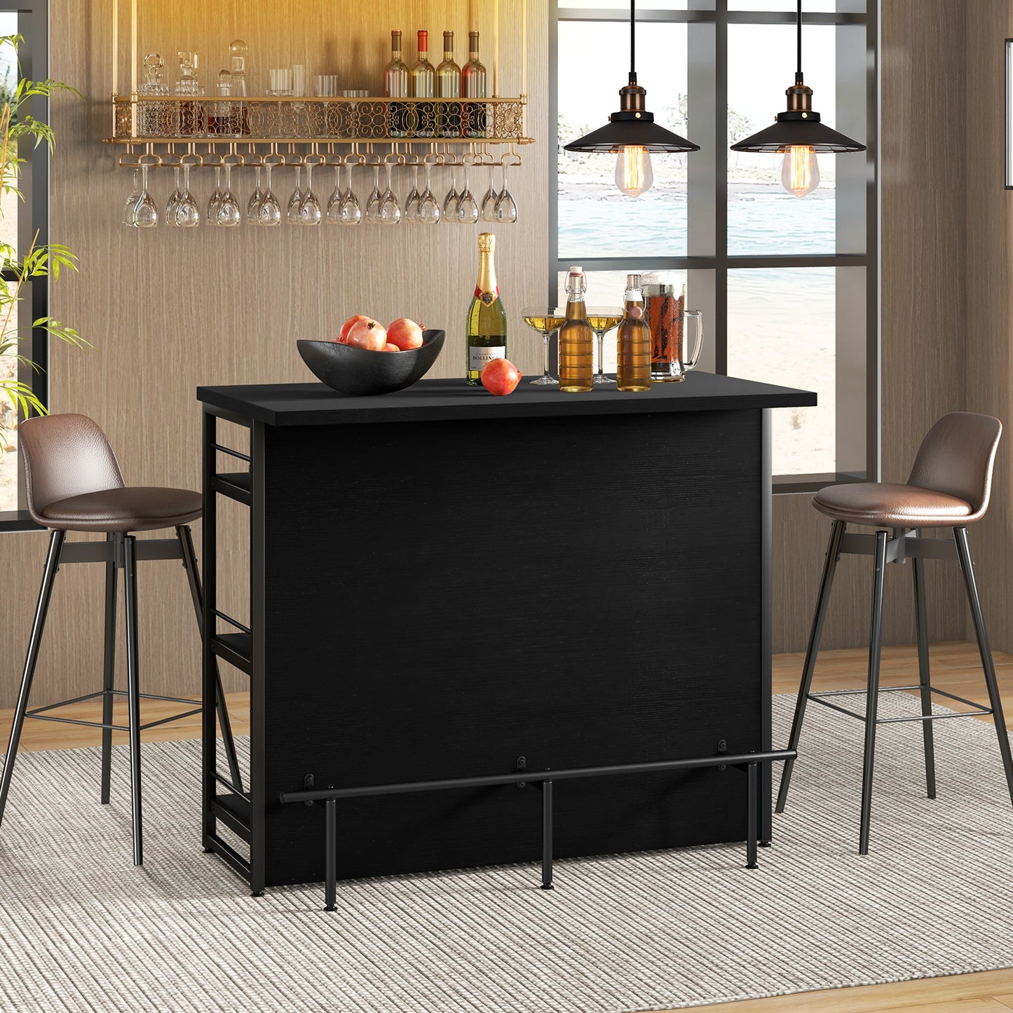 Multi-Level Kitchen Island Table with Wine Rack and Foot Bar - Black