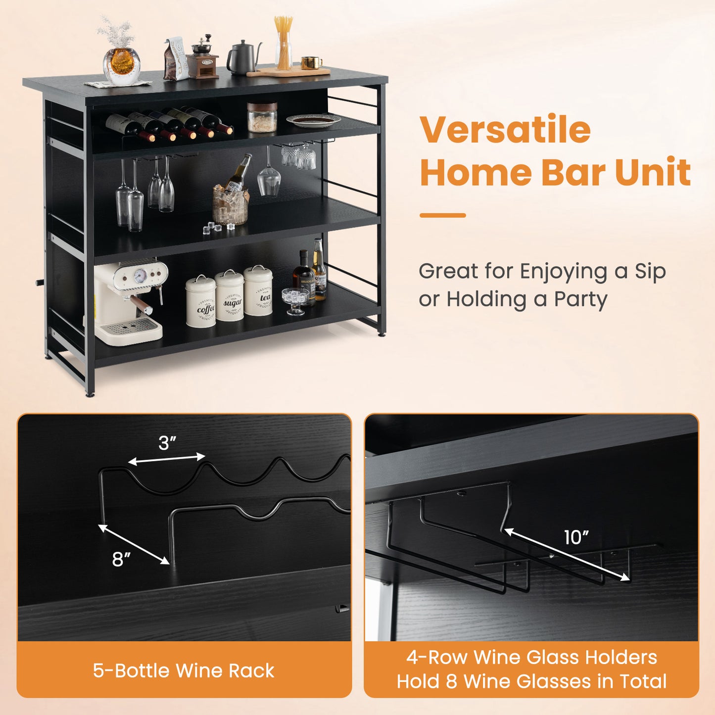 Multi-Level Kitchen Island Table with Wine Rack and Foot Bar - Black