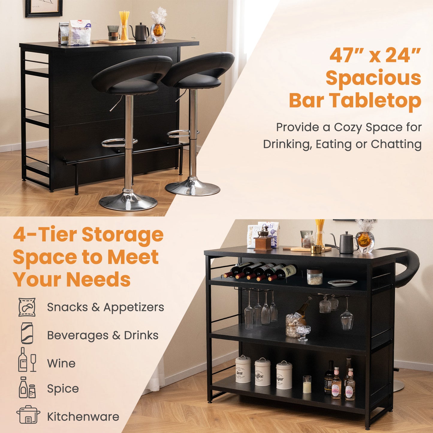 Multi-Level Kitchen Island Table with Wine Rack and Foot Bar - Black