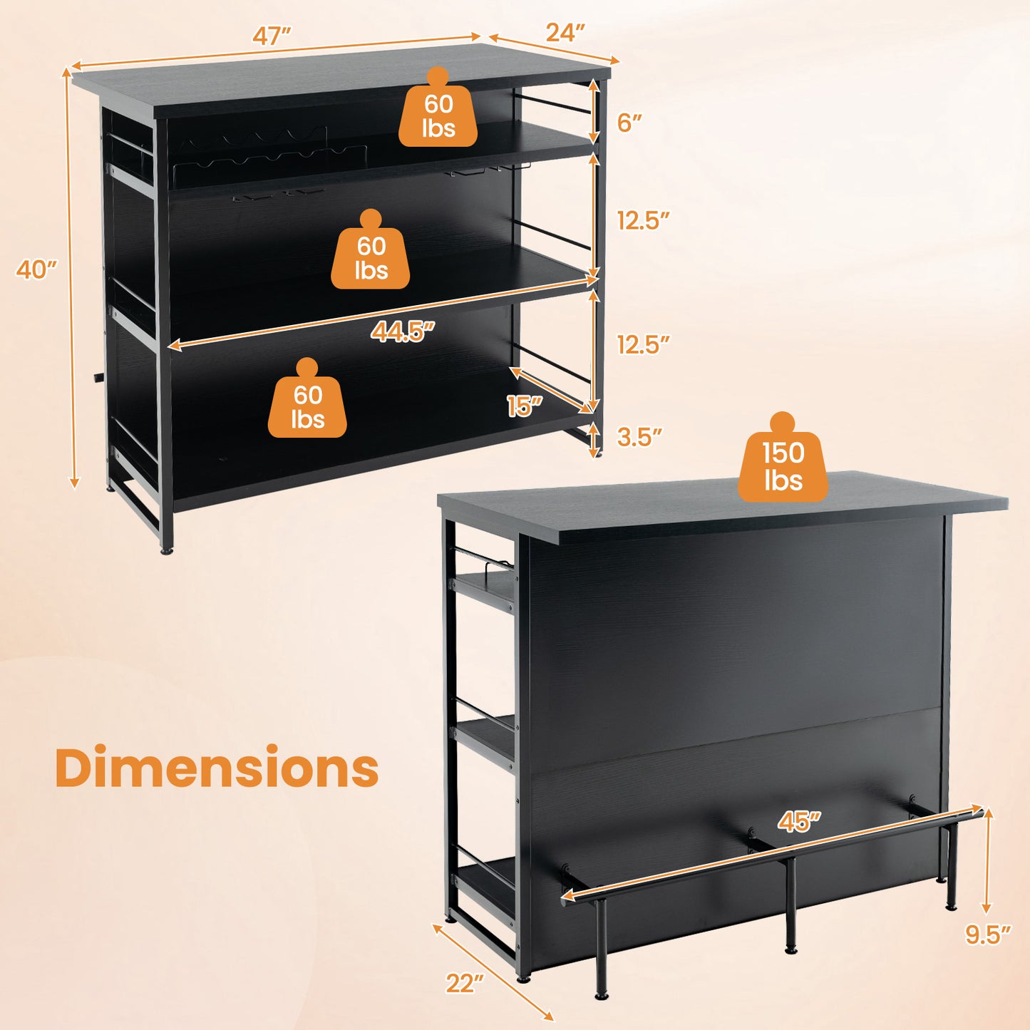 Multi-Level Kitchen Island Table with Wine Rack and Foot Bar - Black