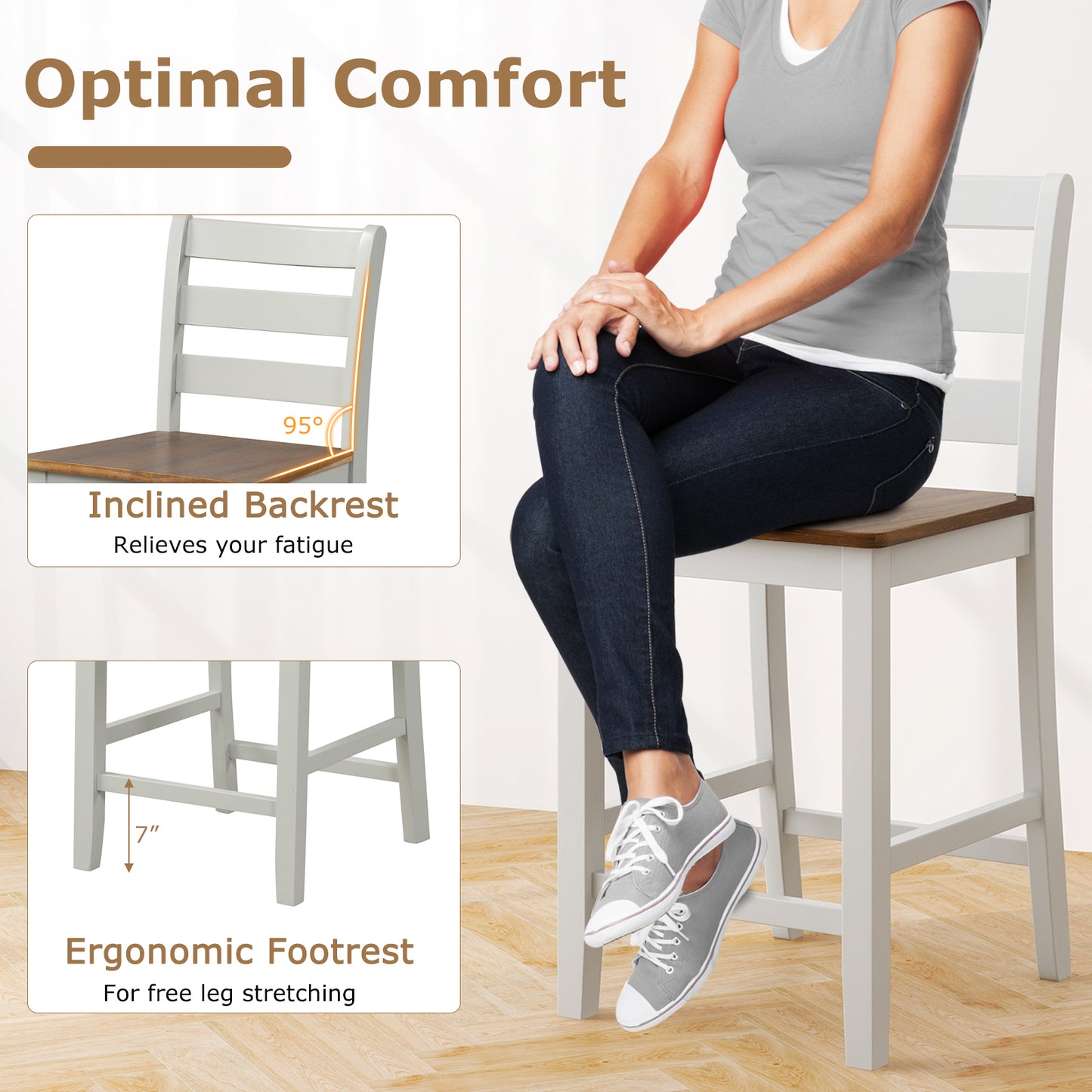 Pair of Counter Height Bar Stools Featuring Supportive Inclined Back and Built-In Footrest