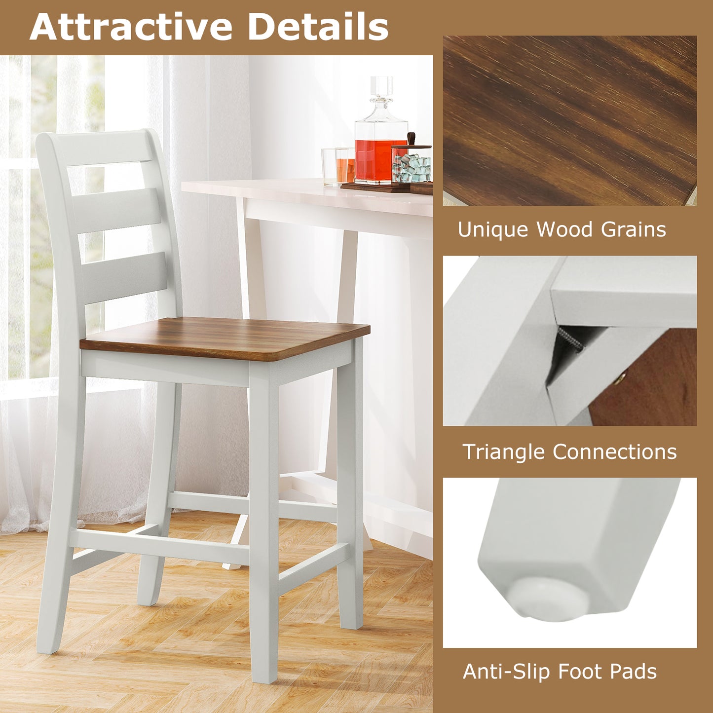 Pair of Counter Height Bar Stools Featuring Supportive Inclined Back and Built-In Footrest