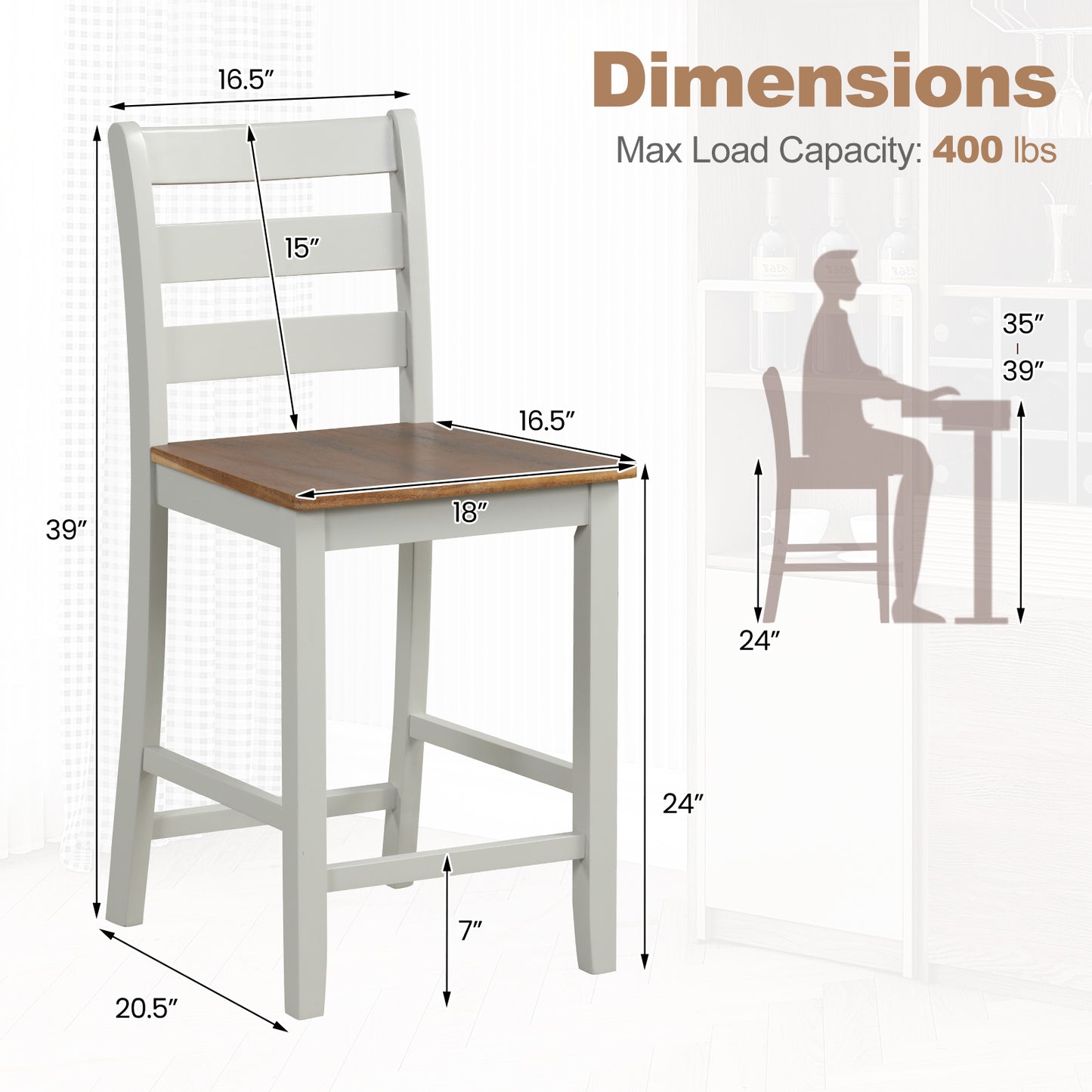 Pair of Counter Height Bar Stools Featuring Supportive Inclined Back and Built-In Footrest