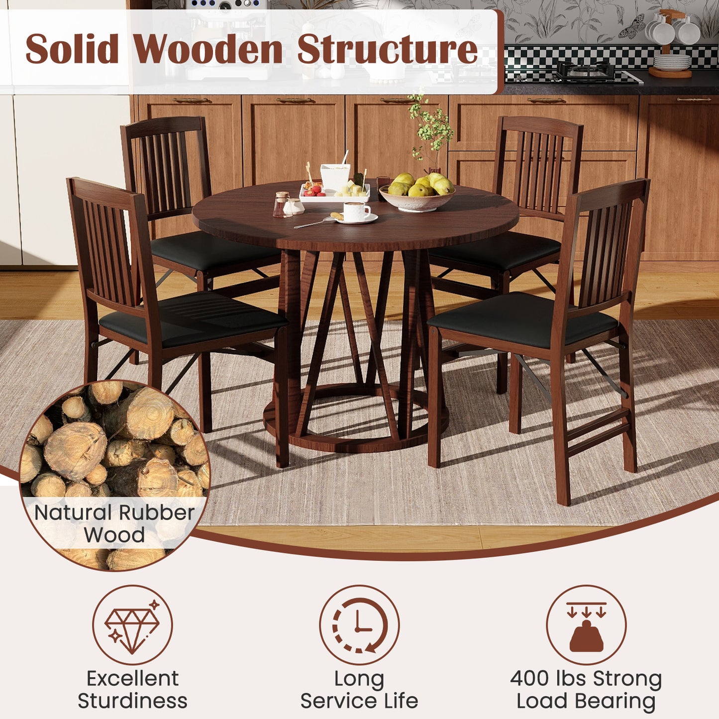 Foldable Dining Chairs with Leather Upholstered Seat and Padded Cushion - Set of 2