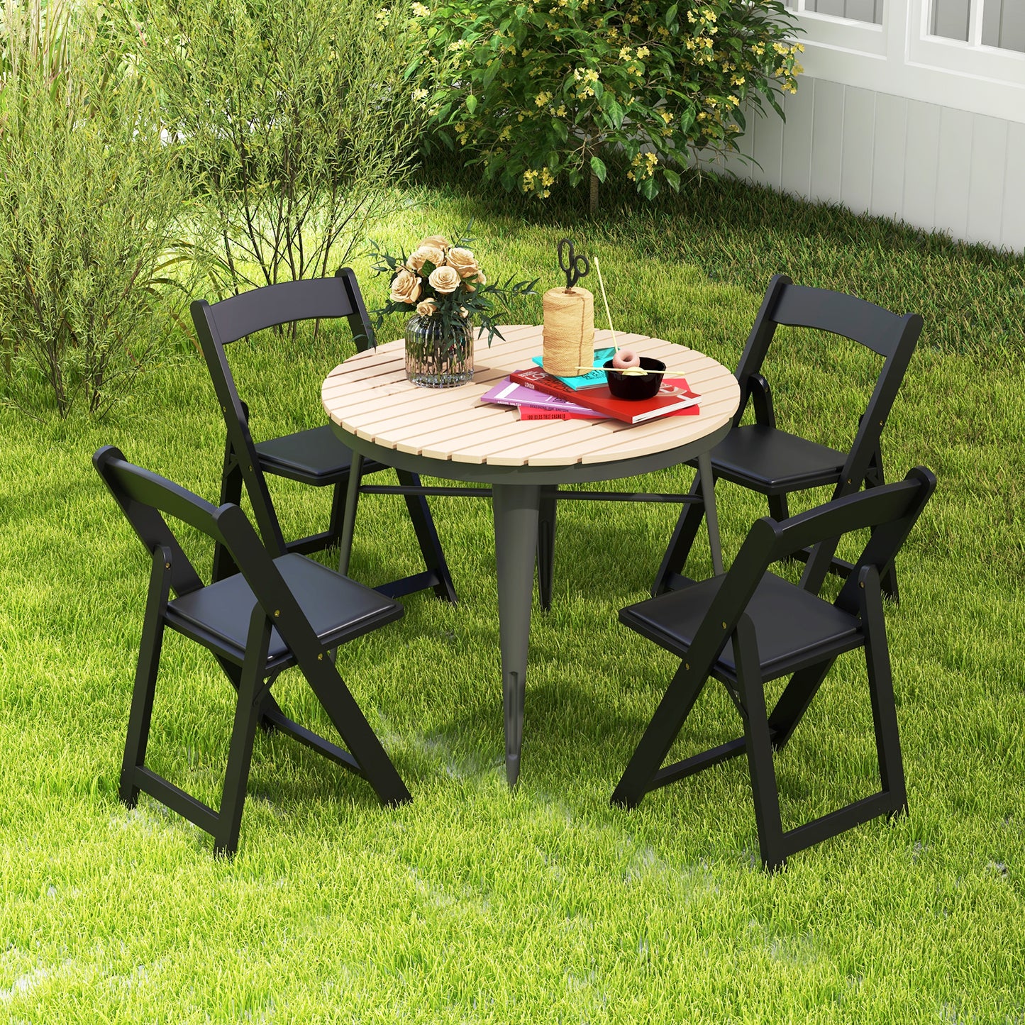 Foldable Dining Chairs with Rubber Wood Legs and Padded Leather Seat - Black, Set of 4