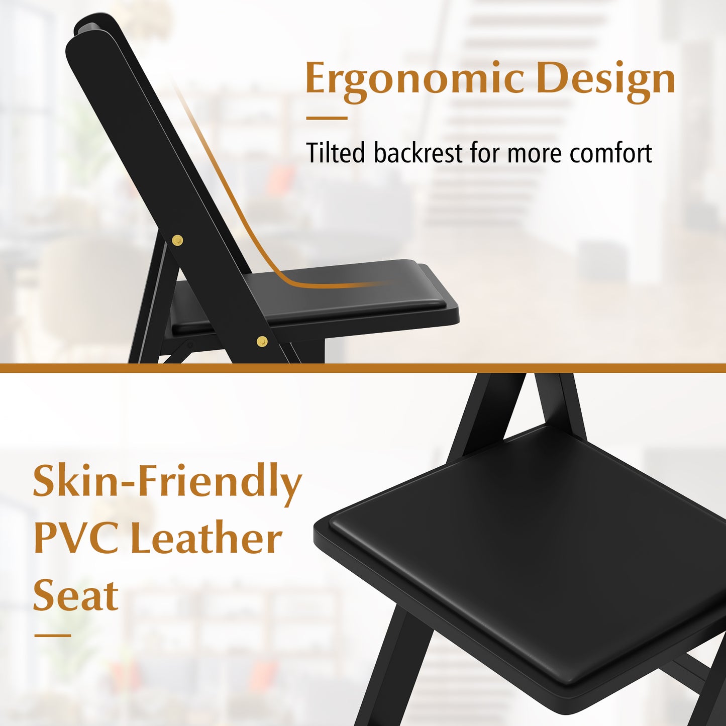Foldable Dining Chairs with Rubber Wood Legs and Padded Leather Seat - Black, Set of 4