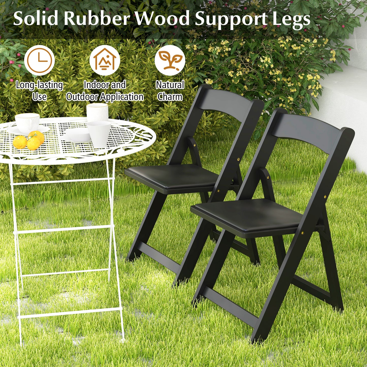 Foldable Dining Chairs with Rubber Wood Legs and Padded Leather Seat - Black, Set of 4