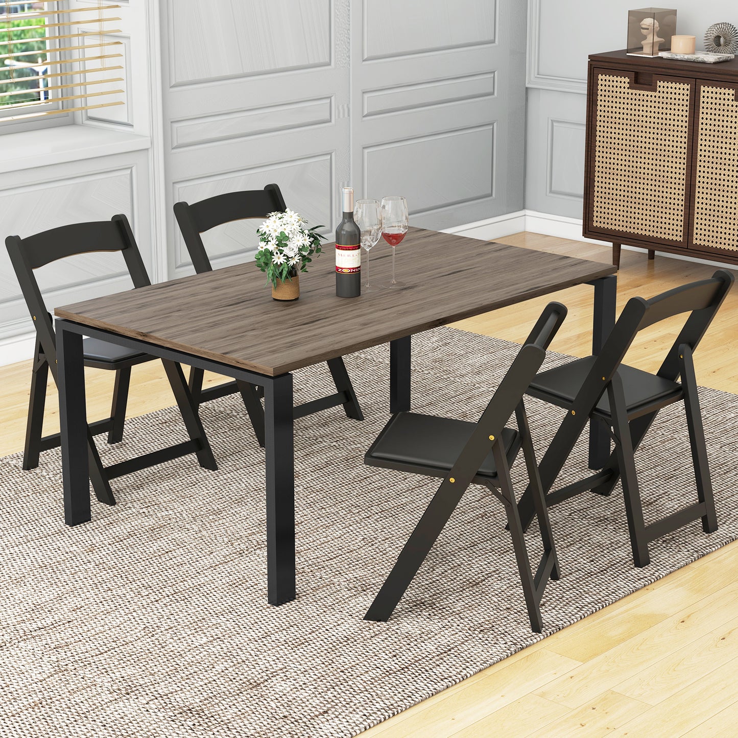 Foldable Dining Chairs with Rubber Wood Legs and Padded Leather Seat - Black, Set of 4