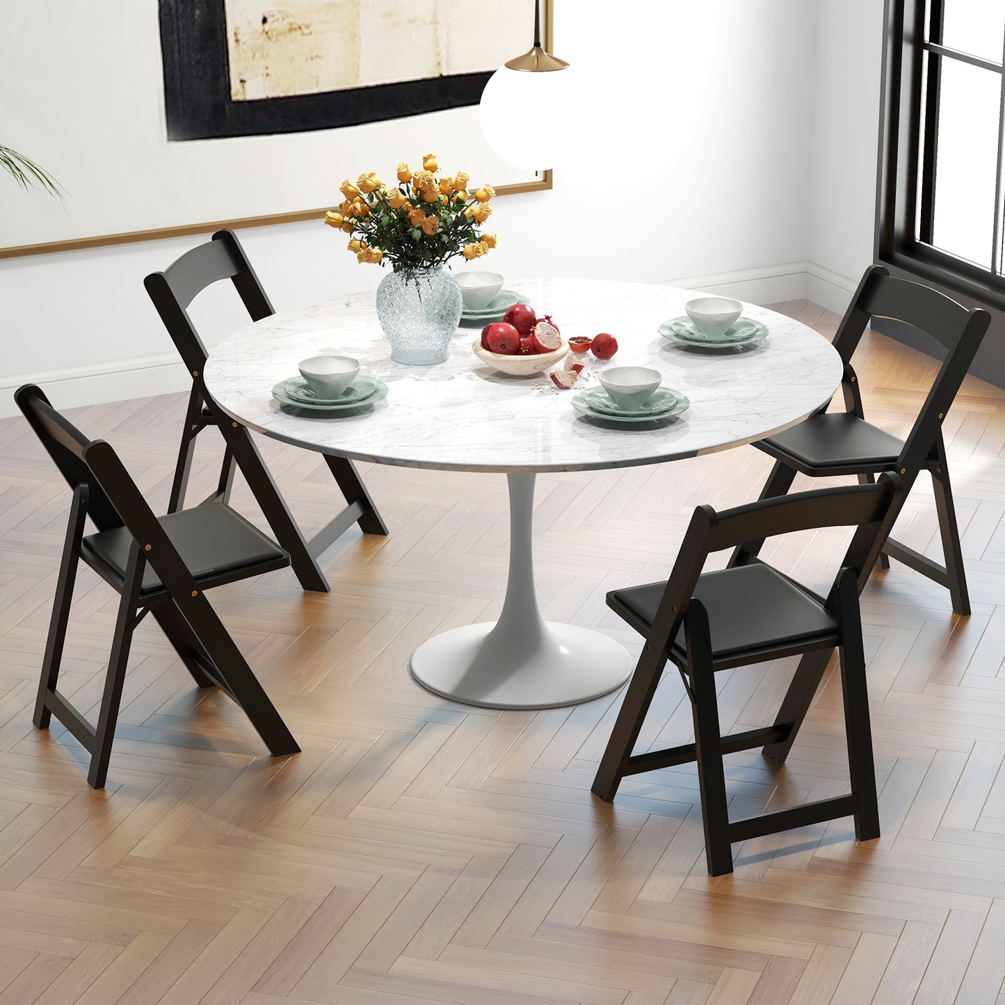 Foldable Dining Chairs with Rubber Wood Legs and Padded Leather Seat - Black, Set of 4