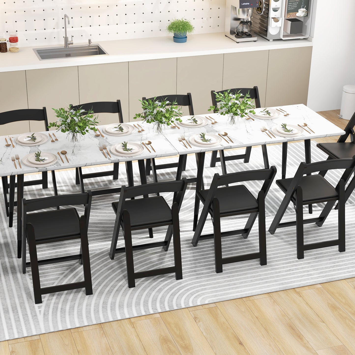 Foldable Dining Chairs with Rubber Wood Legs and Padded Leather Seat - Black, Set of 4