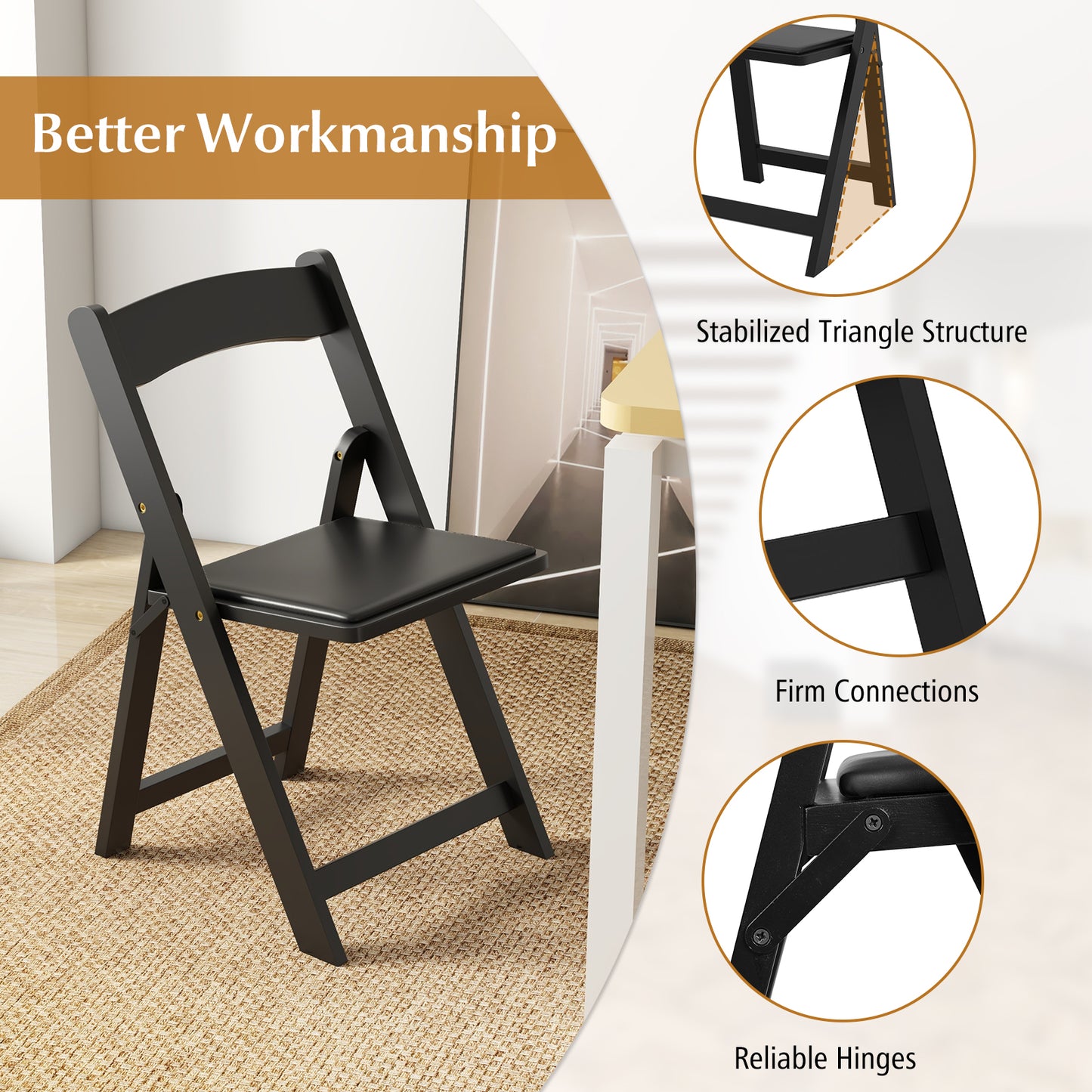 Foldable Dining Chairs with Rubber Wood Legs and Padded Leather Seat - Black, Set of 4