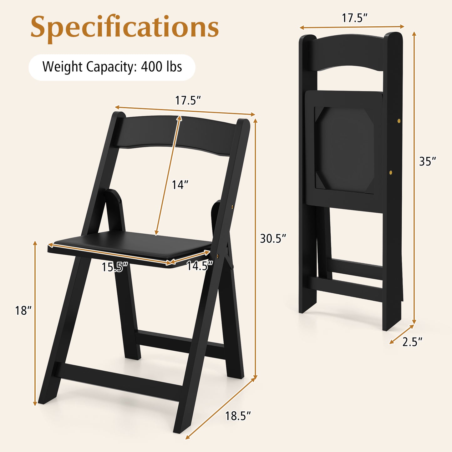 Foldable Dining Chairs with Rubber Wood Legs and Padded Leather Seat - Black, Set of 4