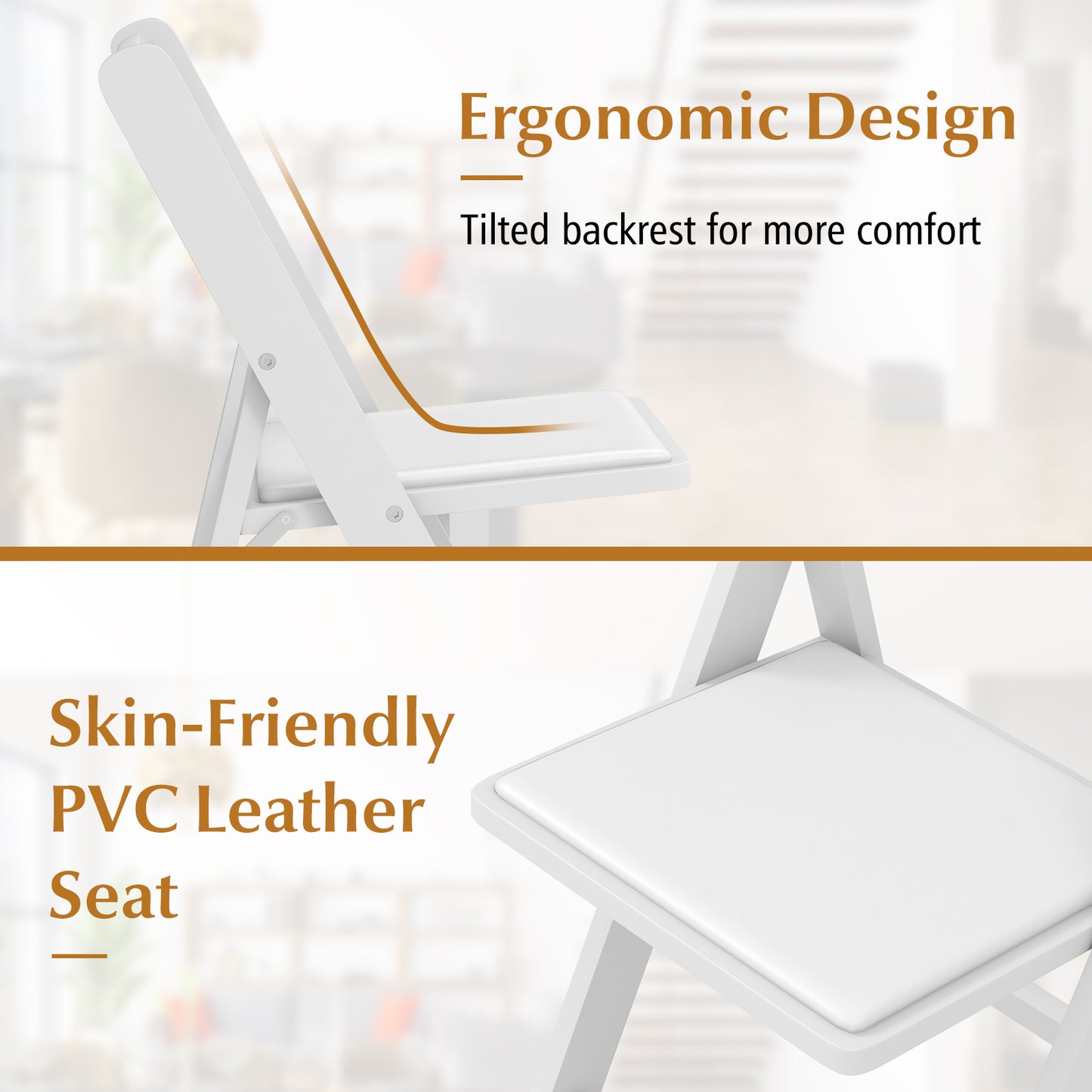Foldable Dining Chairs with Rubber Wood Legs and Padded Leather Seat - White, Set of 4