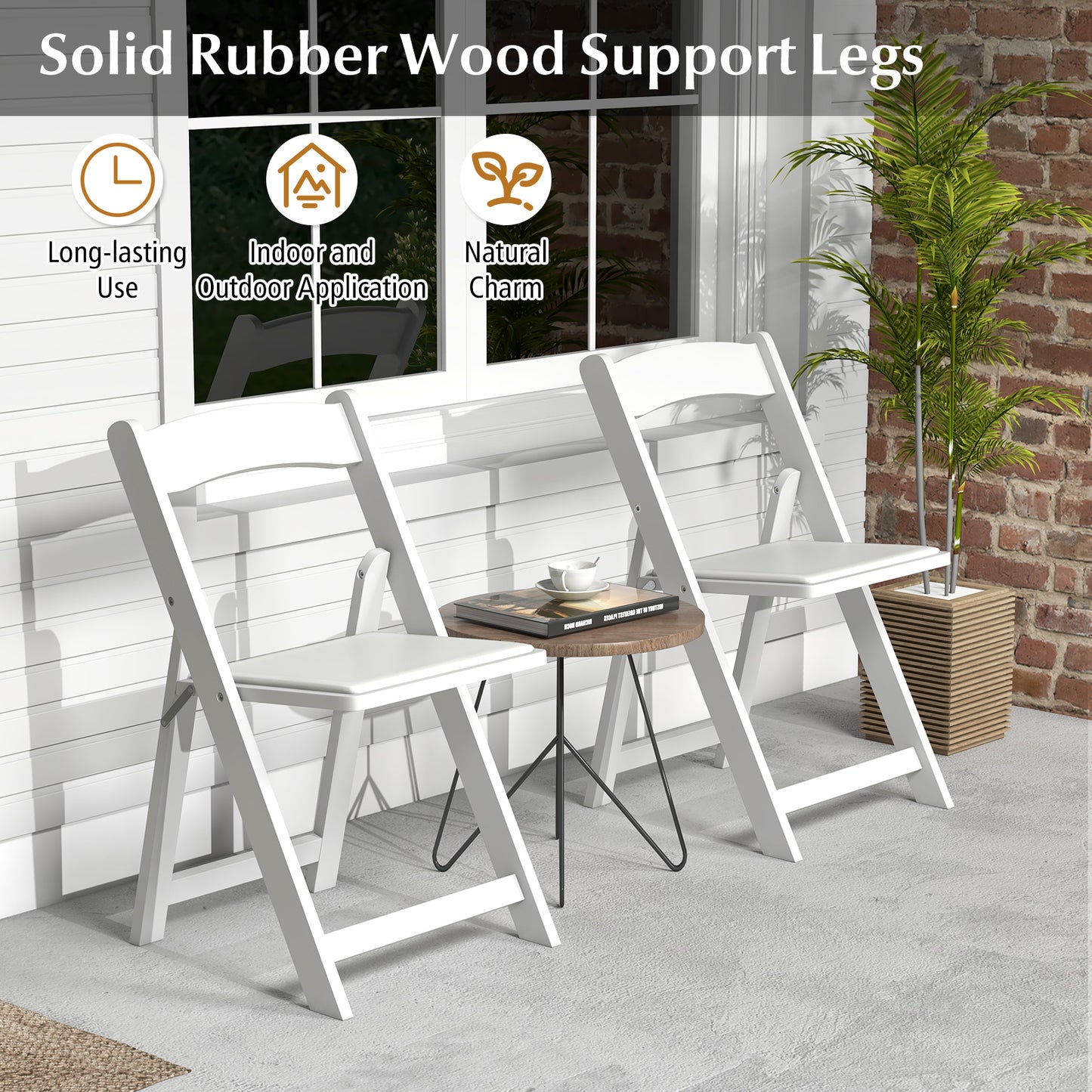 Foldable Dining Chairs with Rubber Wood Legs and Padded Leather Seat - White, Set of 4