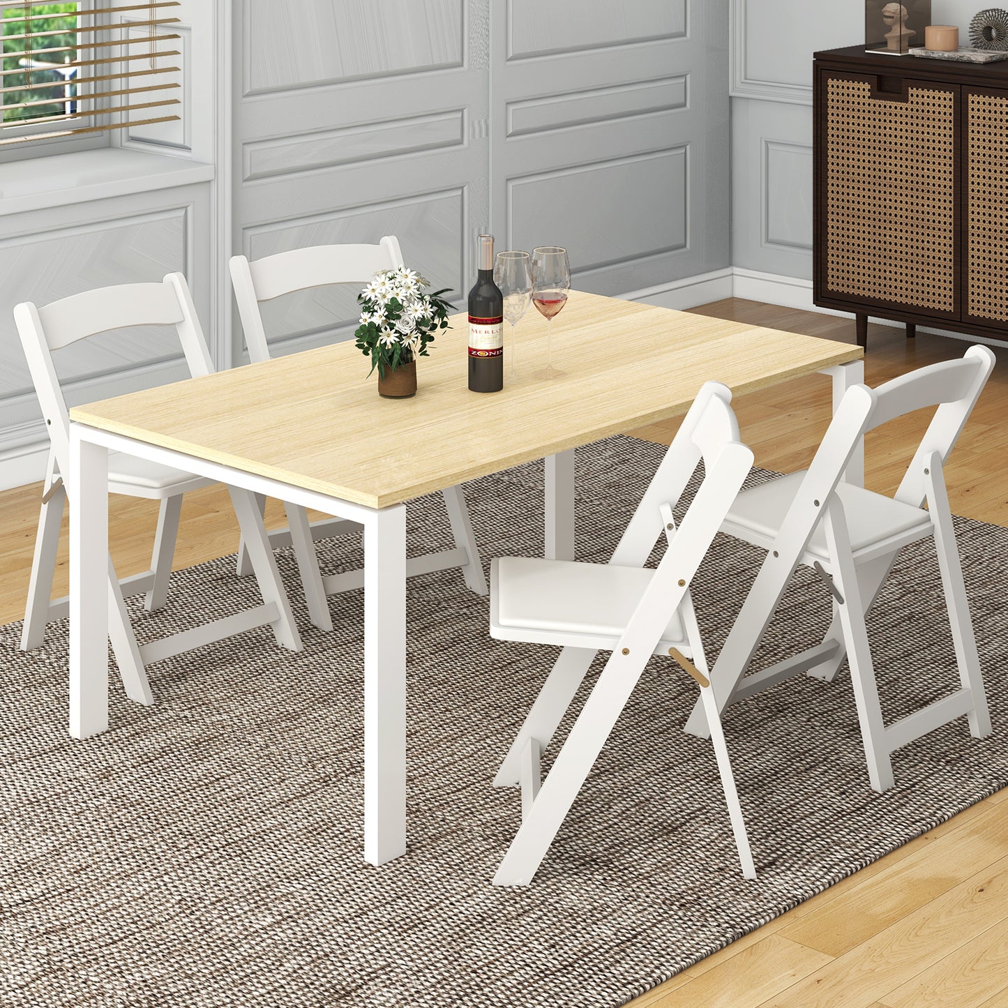 Foldable Dining Chairs with Rubber Wood Legs and Padded Leather Seat - White, Set of 4