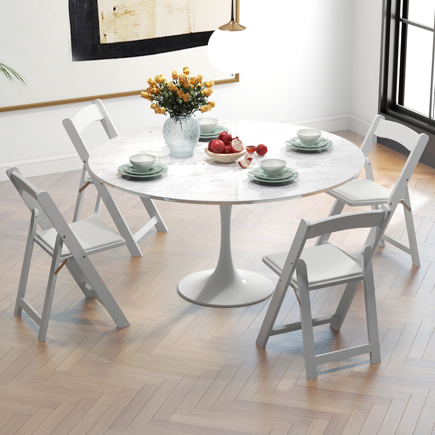 Foldable Dining Chairs with Rubber Wood Legs and Padded Leather Seat - White, Set of 4