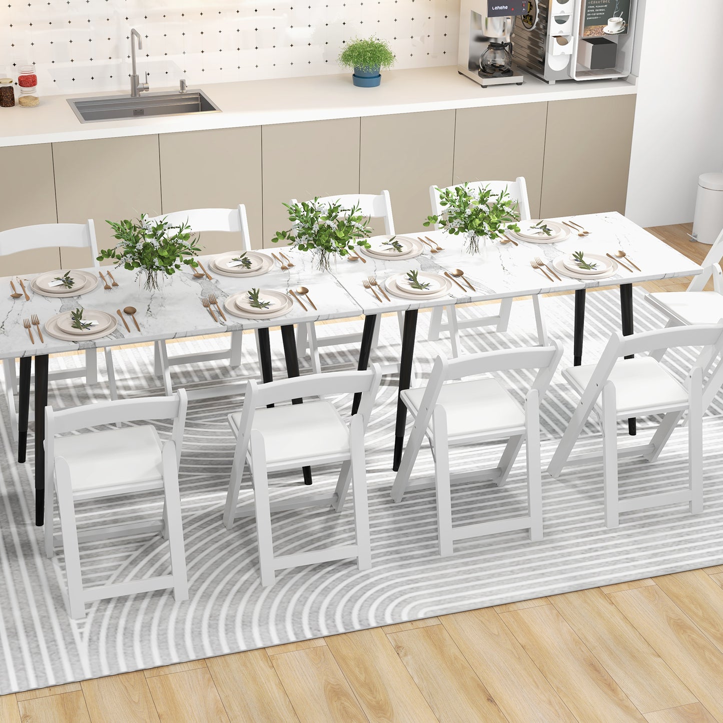 Foldable Dining Chairs with Rubber Wood Legs and Padded Leather Seat - White, Set of 4