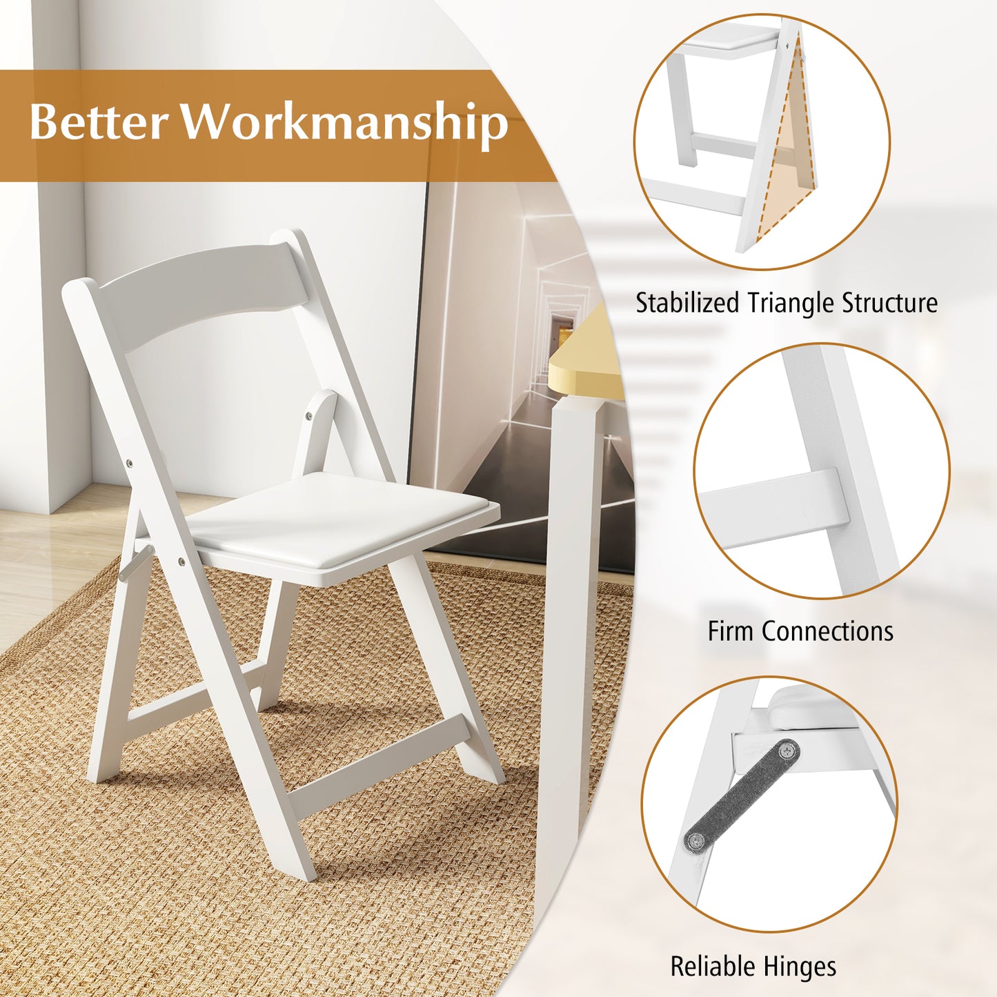 Foldable Dining Chairs with Rubber Wood Legs and Padded Leather Seat - White, Set of 4