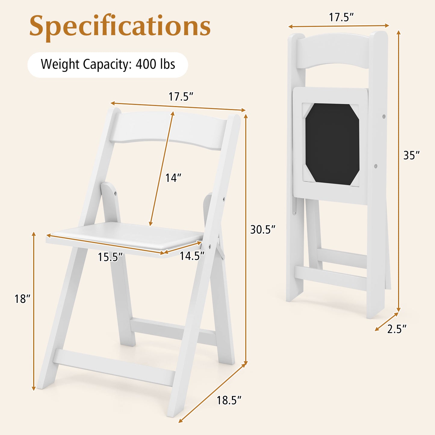 Foldable Dining Chairs with Rubber Wood Legs and Padded Leather Seat - White, Set of 4