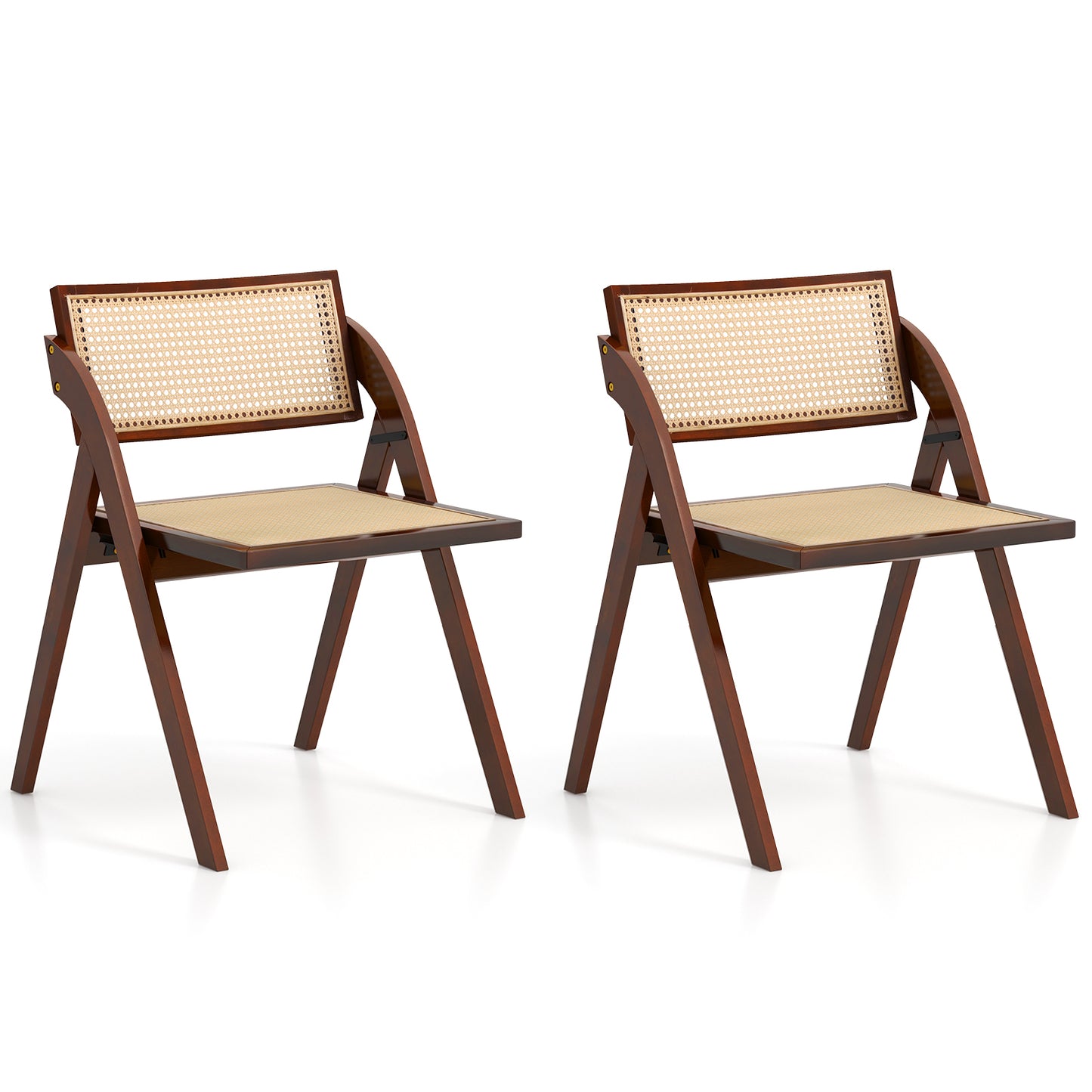Foldable Dining Chairs with Woven Rattan Backrest and Rubber Wood Frame - Brown, Set of 2