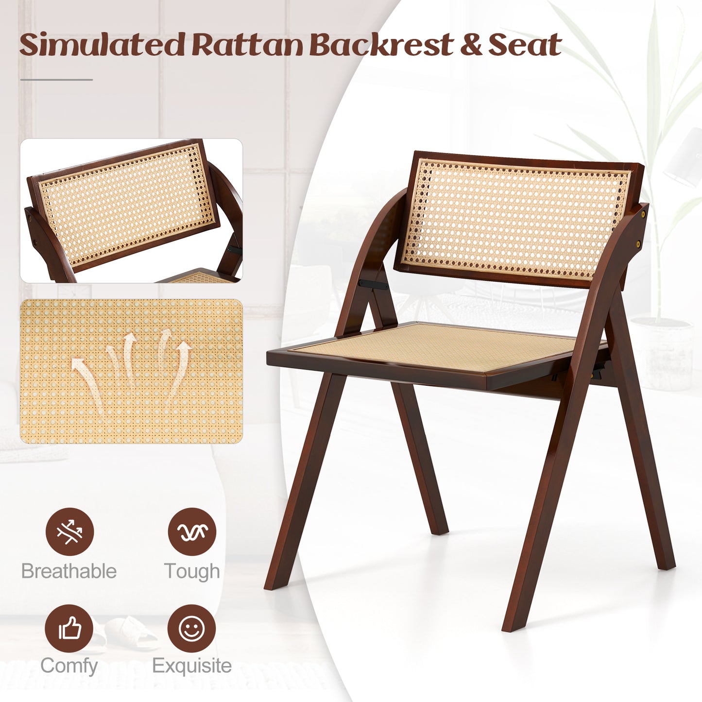 Foldable Dining Chairs with Woven Rattan Backrest and Rubber Wood Frame - Brown, Set of 2