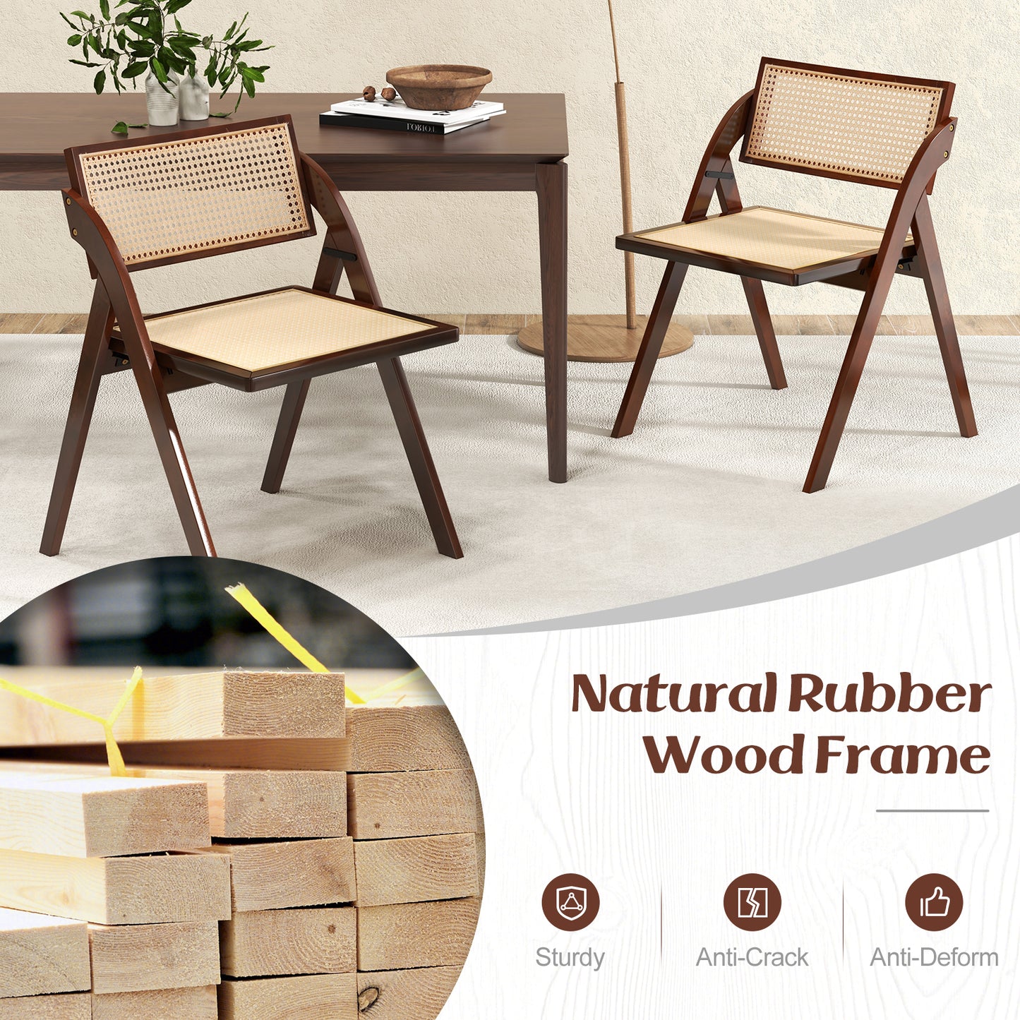 Foldable Dining Chairs with Woven Rattan Backrest and Rubber Wood Frame - Brown, Set of 2
