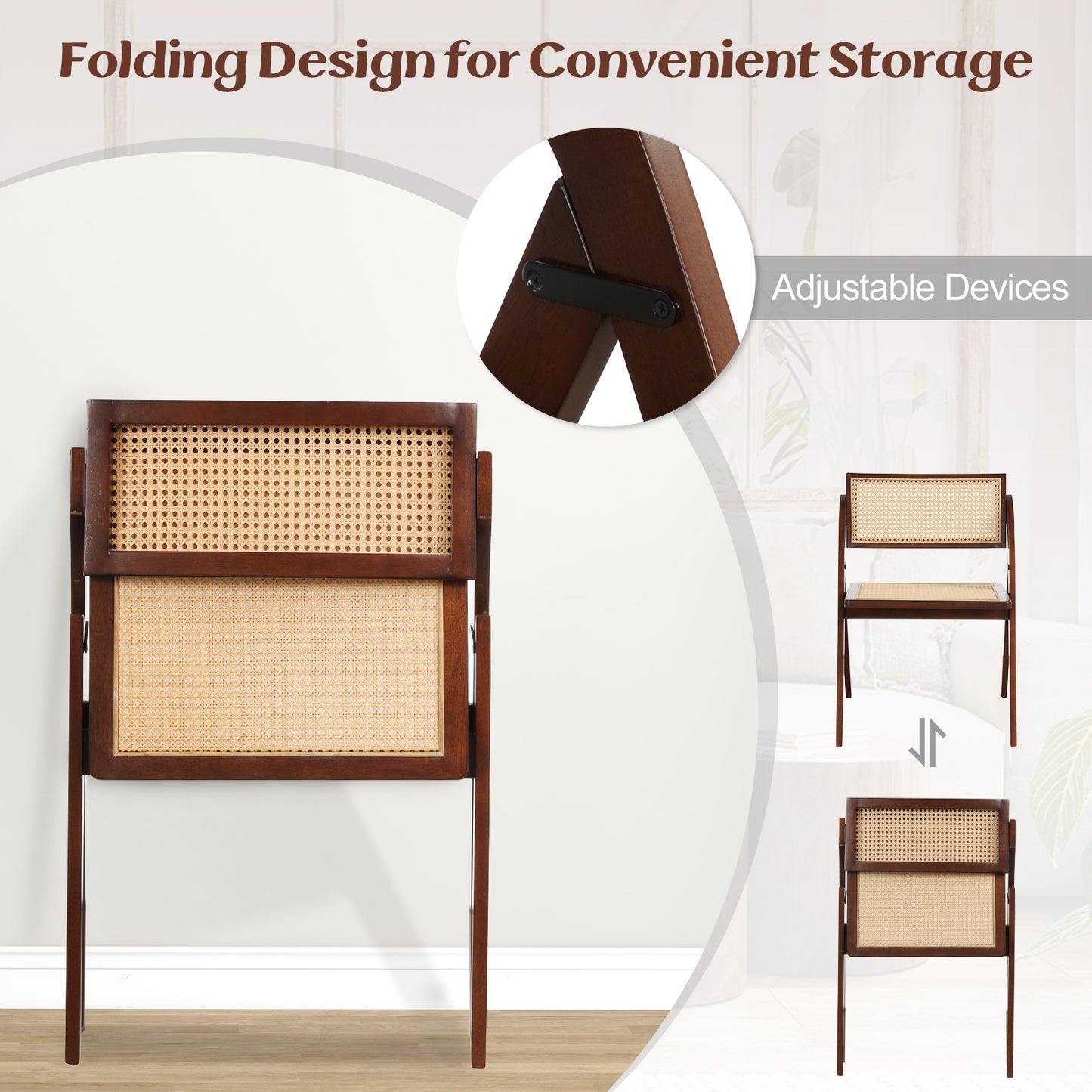 Foldable Dining Chairs with Woven Rattan Backrest and Rubber Wood Frame - Brown, Set of 2