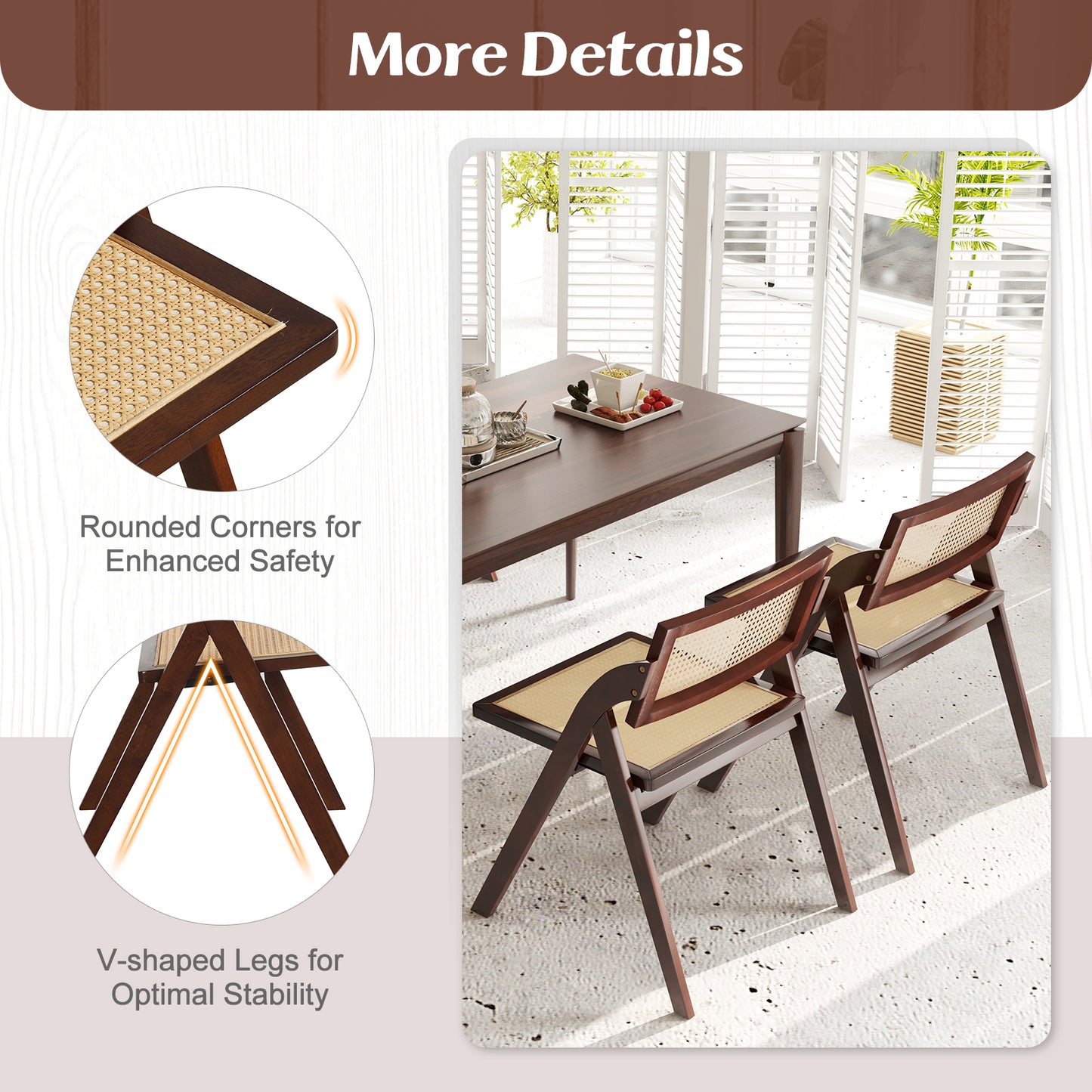 Foldable Dining Chairs with Woven Rattan Backrest and Rubber Wood Frame - Brown, Set of 2