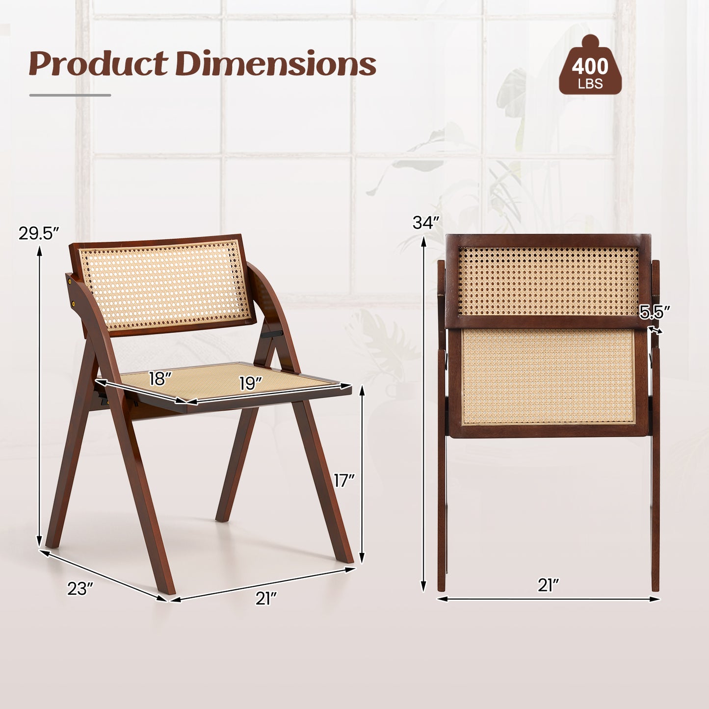 Foldable Dining Chairs with Woven Rattan Backrest and Rubber Wood Frame - Brown, Set of 2