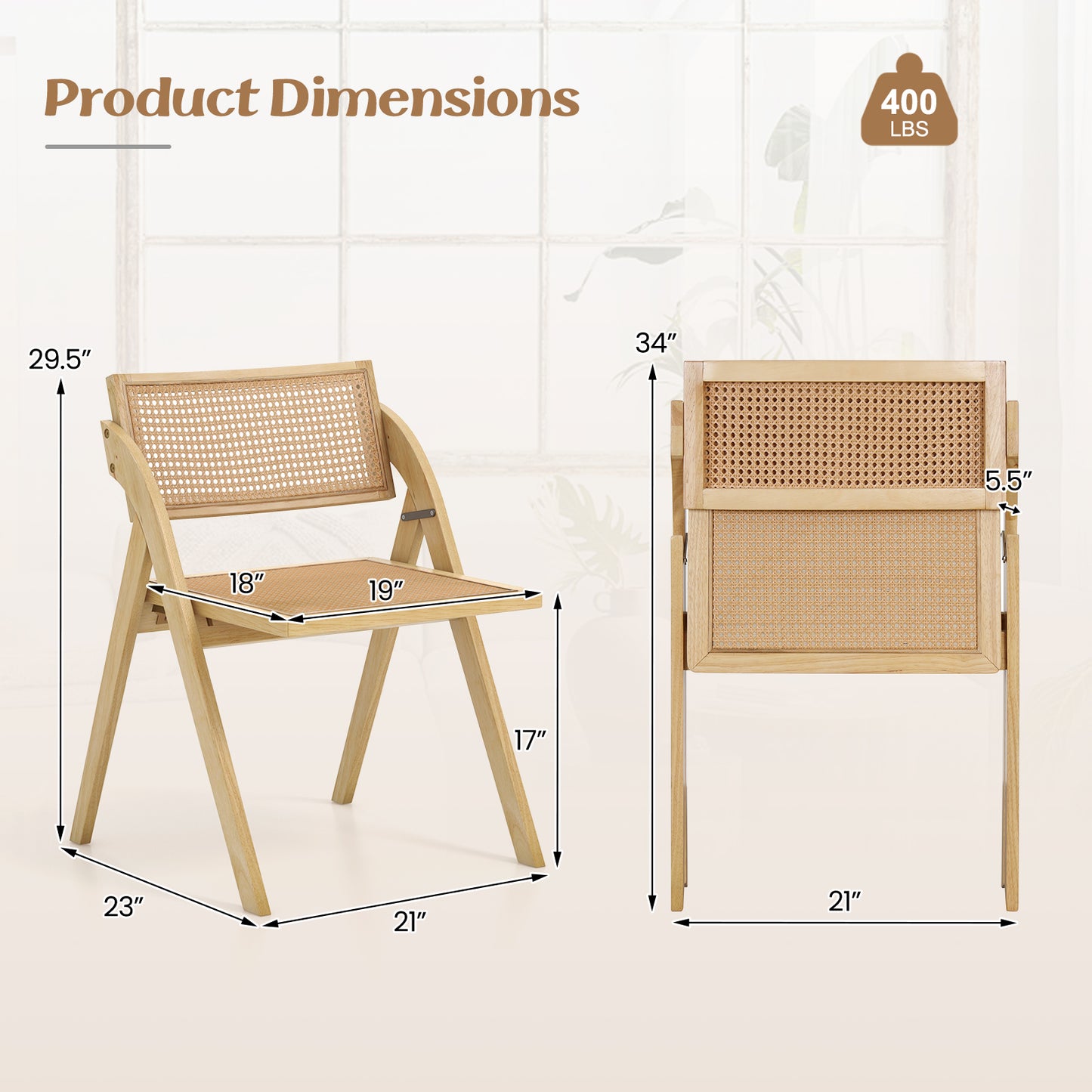 Foldable Dining Chairs with Woven Rattan Backrest and Rubber Wood Frame - Natural, Set of 2