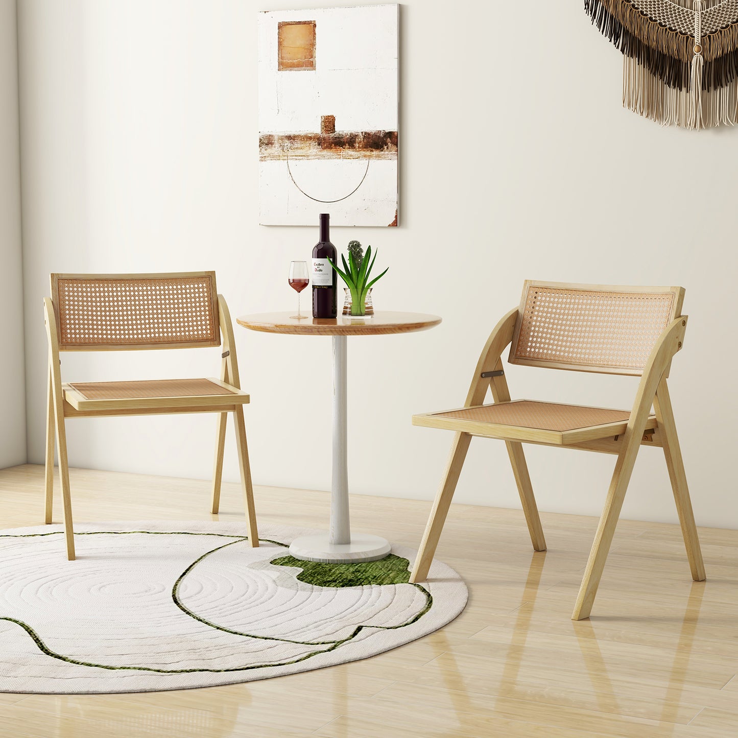 Foldable Dining Chairs with Woven Rattan Backrest and Rubber Wood Frame - Natural, Set of 2