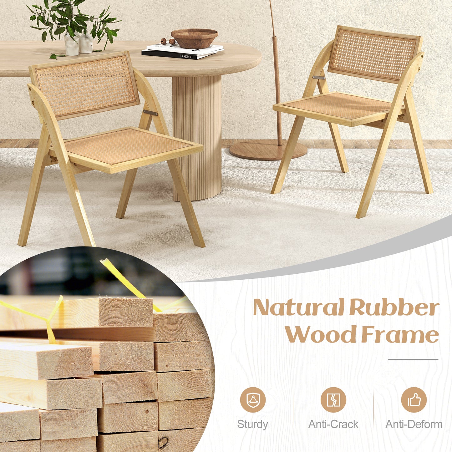 Foldable Dining Chairs with Woven Rattan Backrest and Rubber Wood Frame - Natural, Set of 2