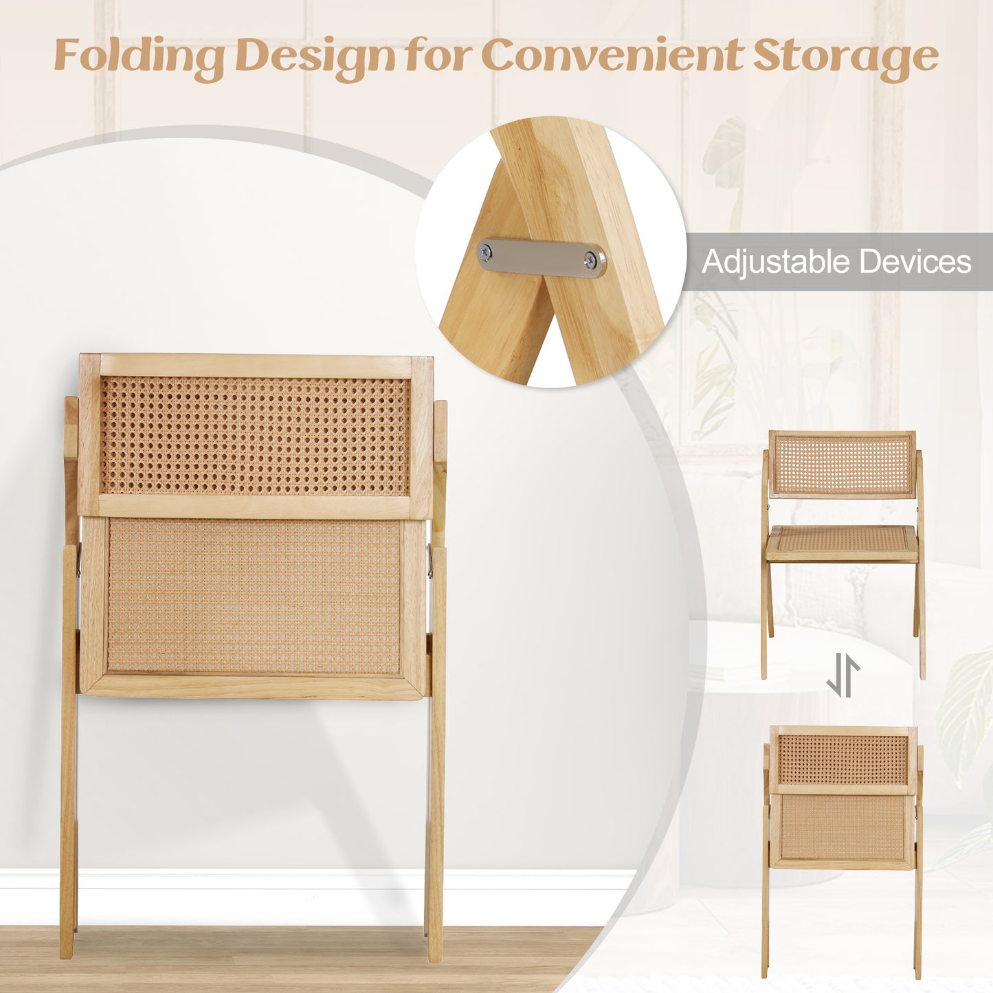 Foldable Dining Chairs with Woven Rattan Backrest and Rubber Wood Frame - Natural, Set of 2