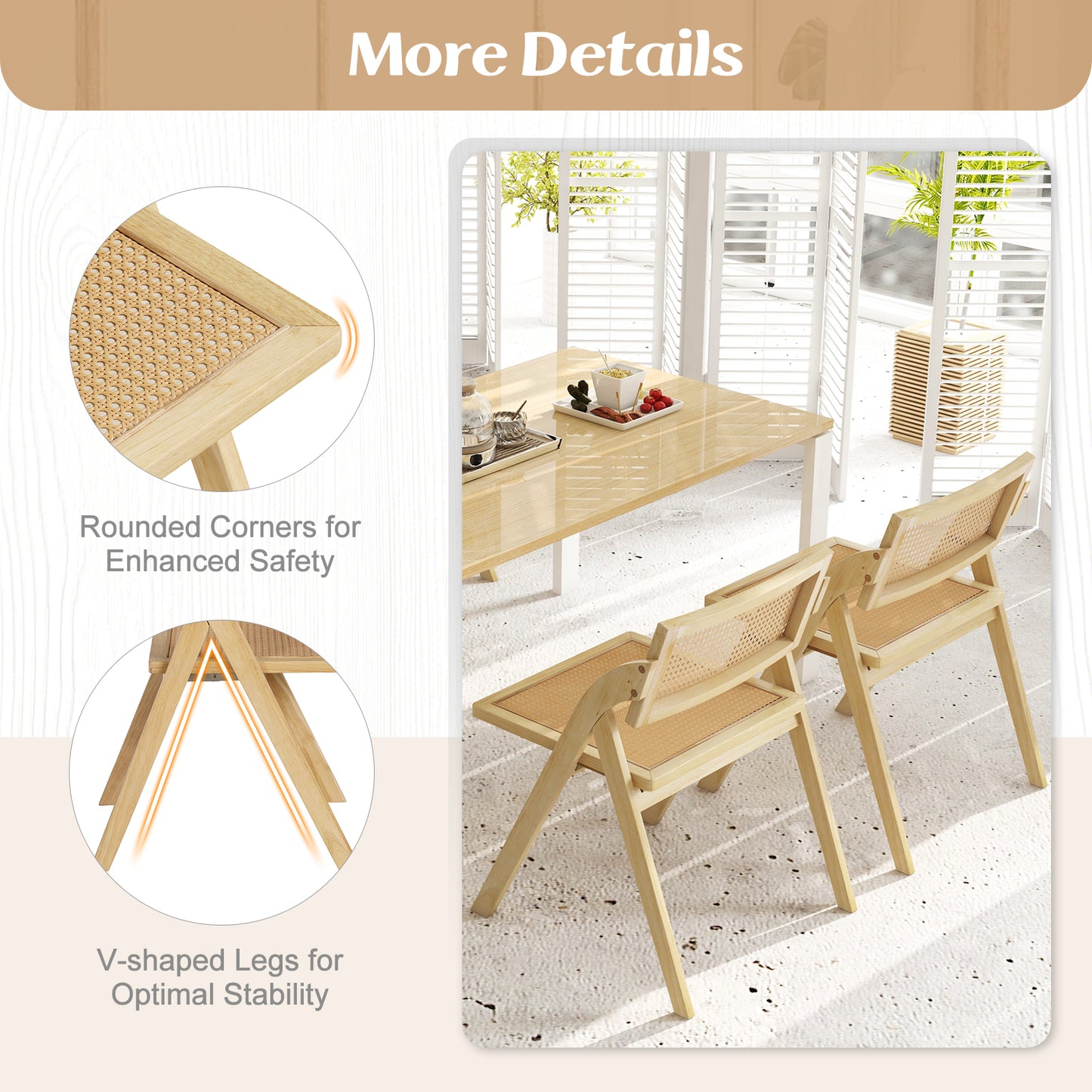 Foldable Dining Chairs with Woven Rattan Backrest and Rubber Wood Frame - Natural, Set of 2