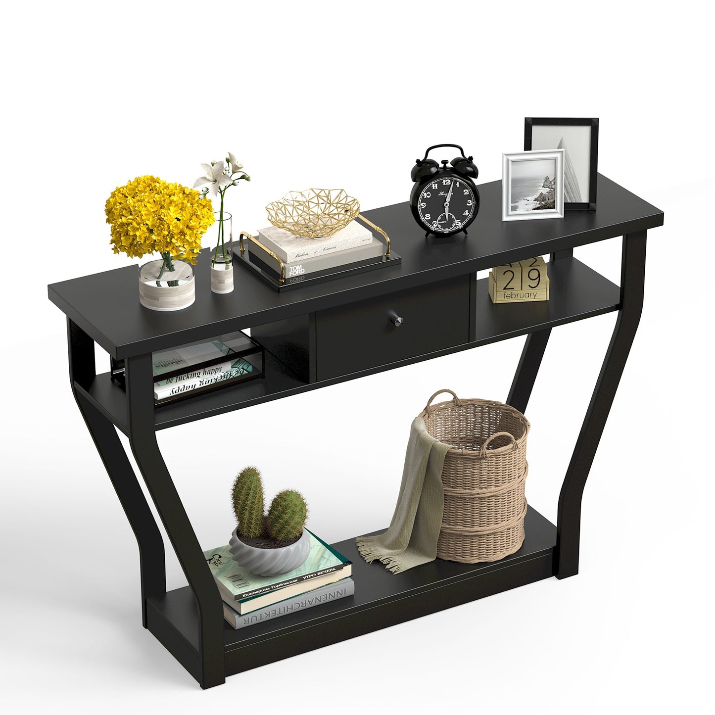 Elegant Console Table with Storage Drawer and Open Shelf for Hallway or Living Room - Black
