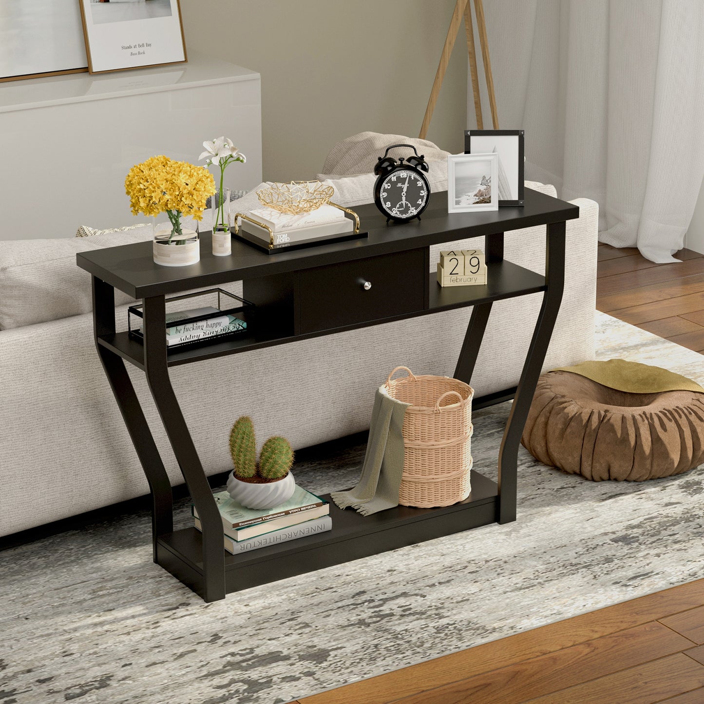 Elegant Console Table with Storage Drawer and Open Shelf for Hallway or Living Room - Black