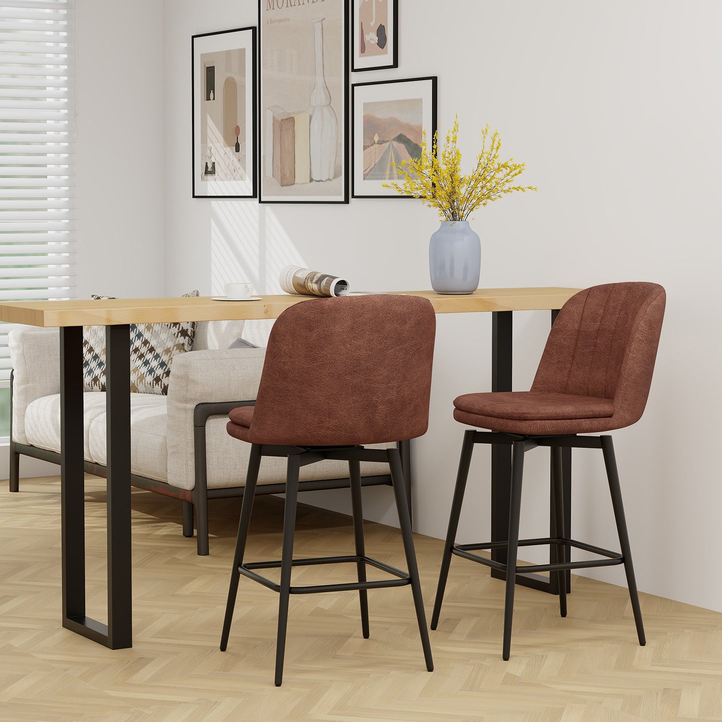 27" Swivel Bar Stools with Luxurious PU Leather Padded Seat and Counter Height Design, Set of 2
