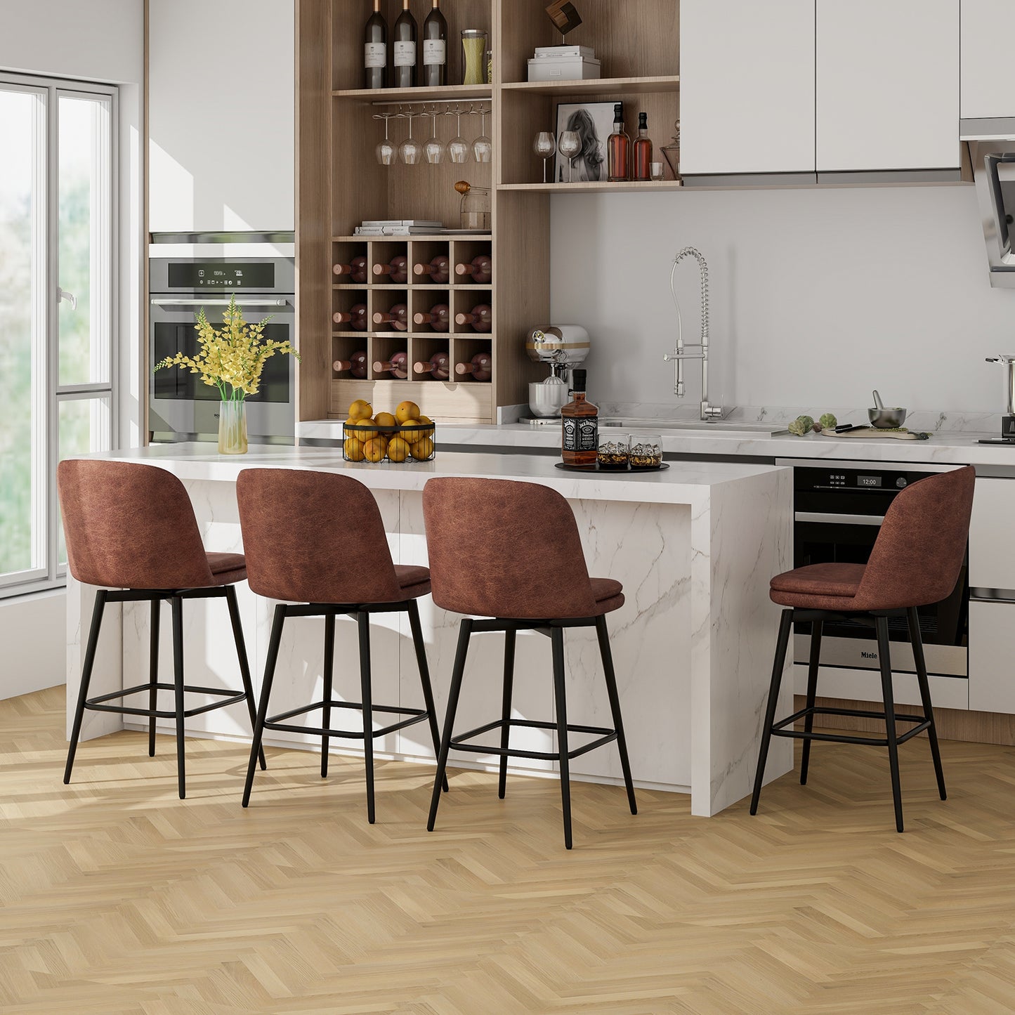 27" Swivel Bar Stools with Luxurious PU Leather Padded Seat and Counter Height Design, Set of 2