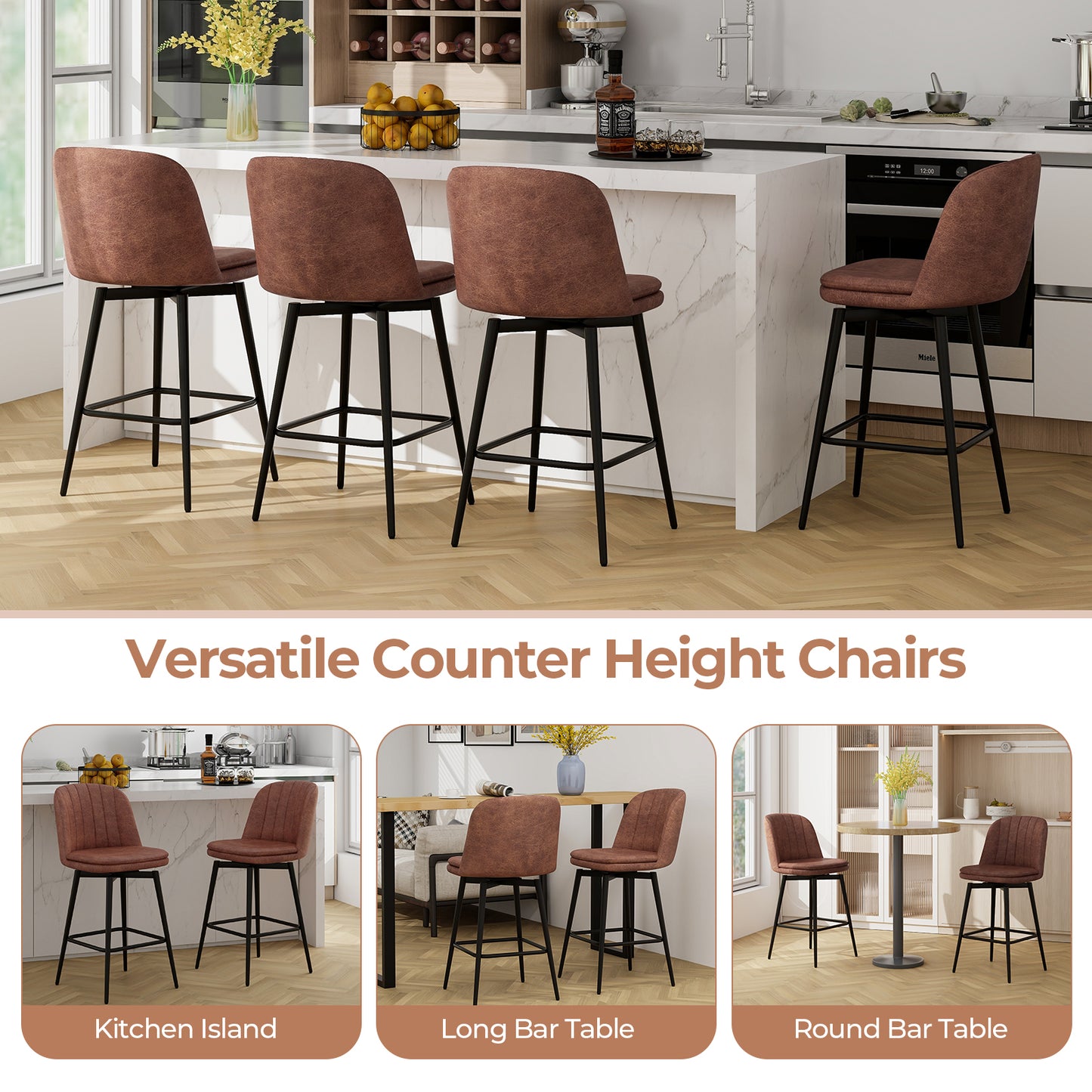 27" Swivel Bar Stools with Luxurious PU Leather Padded Seat and Counter Height Design, Set of 2