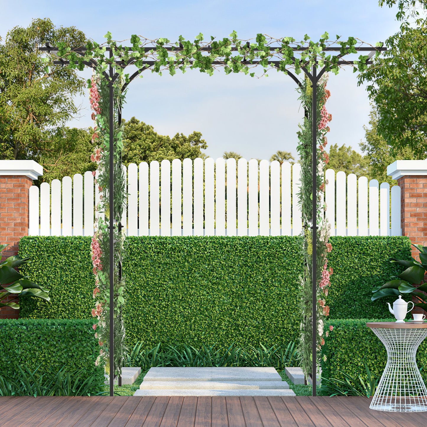 6.8 Feet Metal Garden Arbor with Elegant Trellises for Climbing Plants, Vines, and Roses