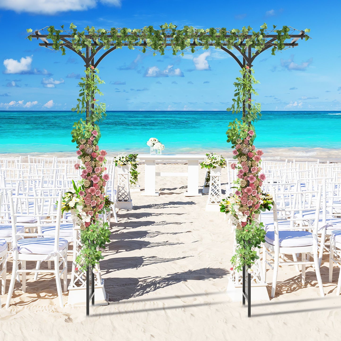 6.8 Feet Metal Garden Arbor with Elegant Trellises for Climbing Plants, Vines, and Roses